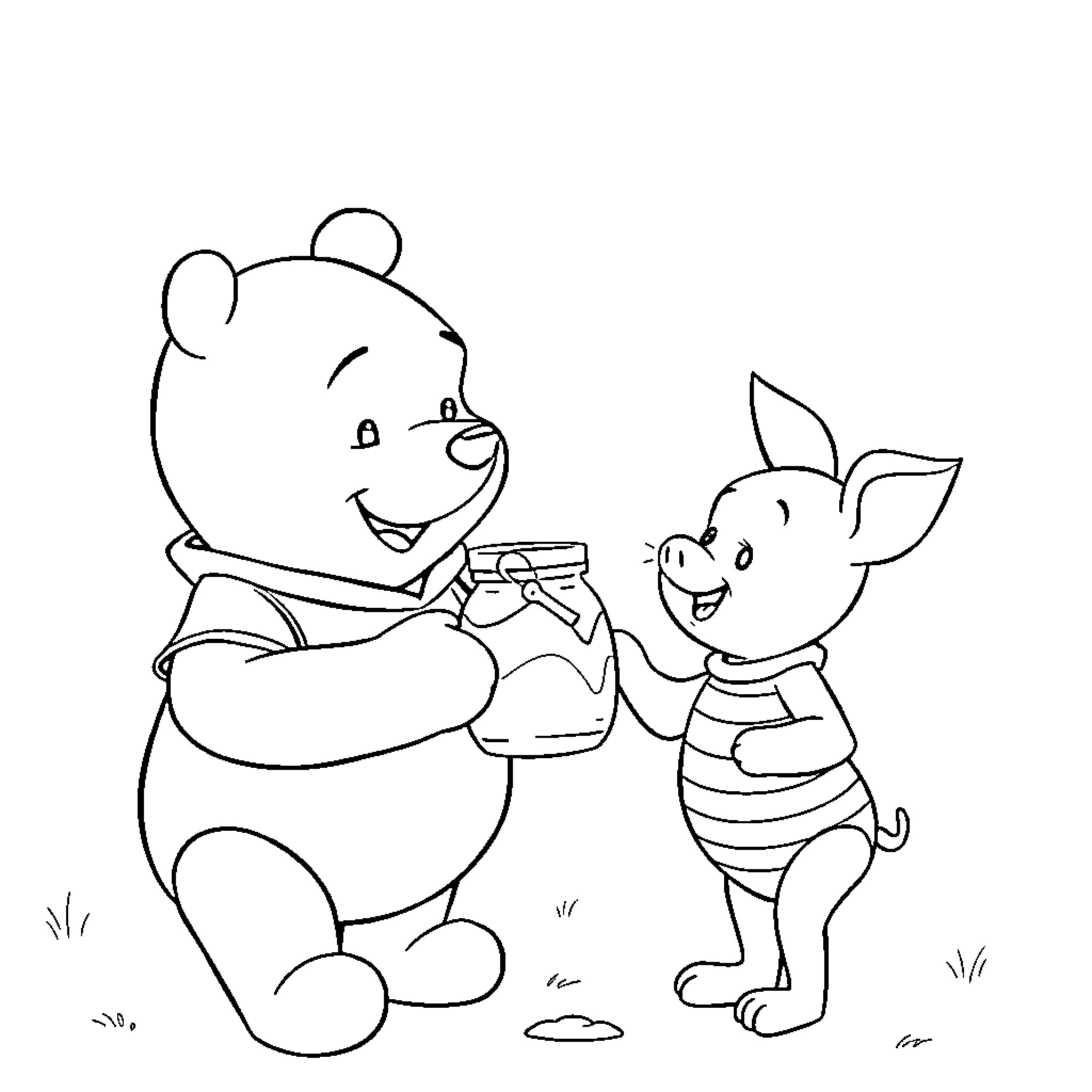 Winnie The Pooh and Piglet enjoying an adventure together Coloring Page (free black-and-white line drawing printable PDF for all, from beginners to advanced learners, including children, teens, adults, and seniors)
