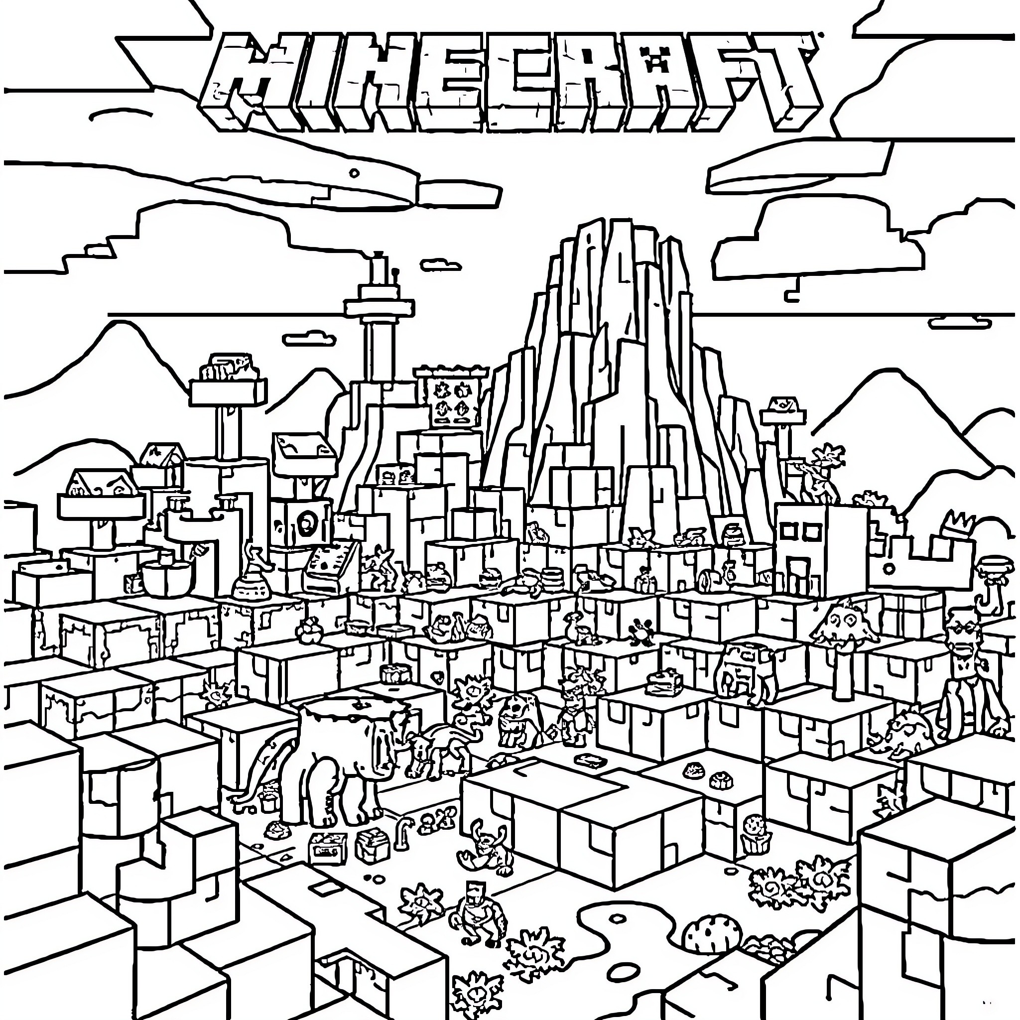 Minecraft Cityscape with Towering Mountains Coloring Page (free black-and-white line drawing printable PDF for all, from beginners to advanced learners, including children, teens, adults, and seniors)
