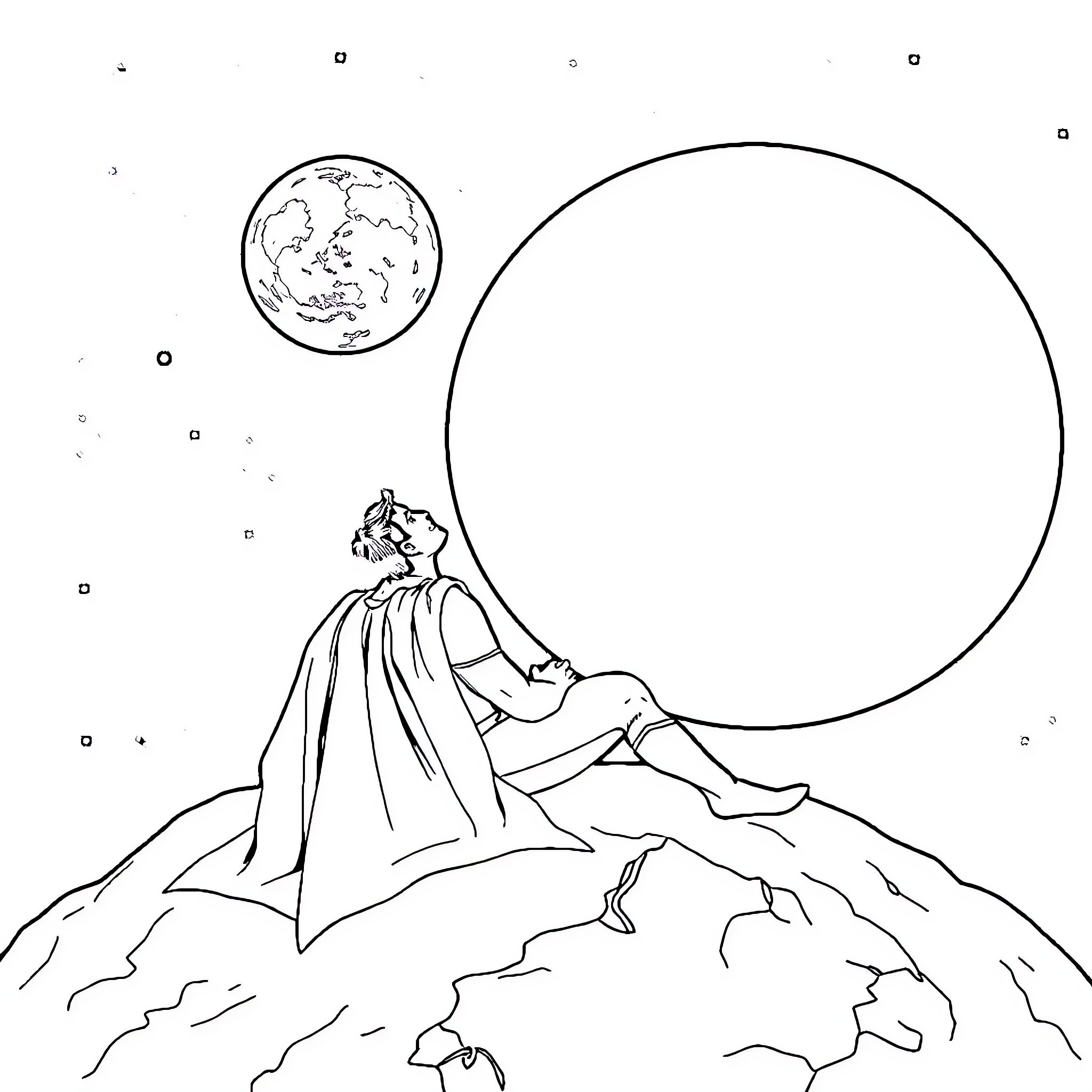 Superman standing tall on a mountain overlooking the earth Coloring Page (free black-and-white line drawing printable PDF for all, from beginners to advanced learners, including children, teens, adults, and seniors)
