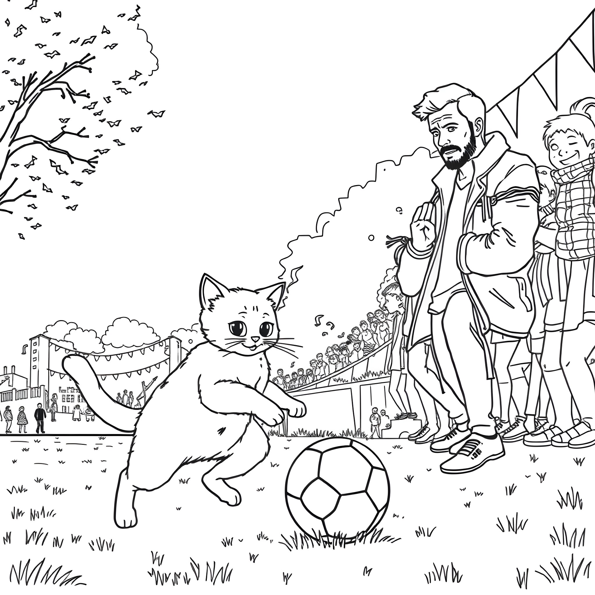 Cat playing with soccer ball in park with people Coloring Page (free black-and-white line drawing printable PDF for all, from beginners to advanced learners, including children, teens, adults, and seniors)