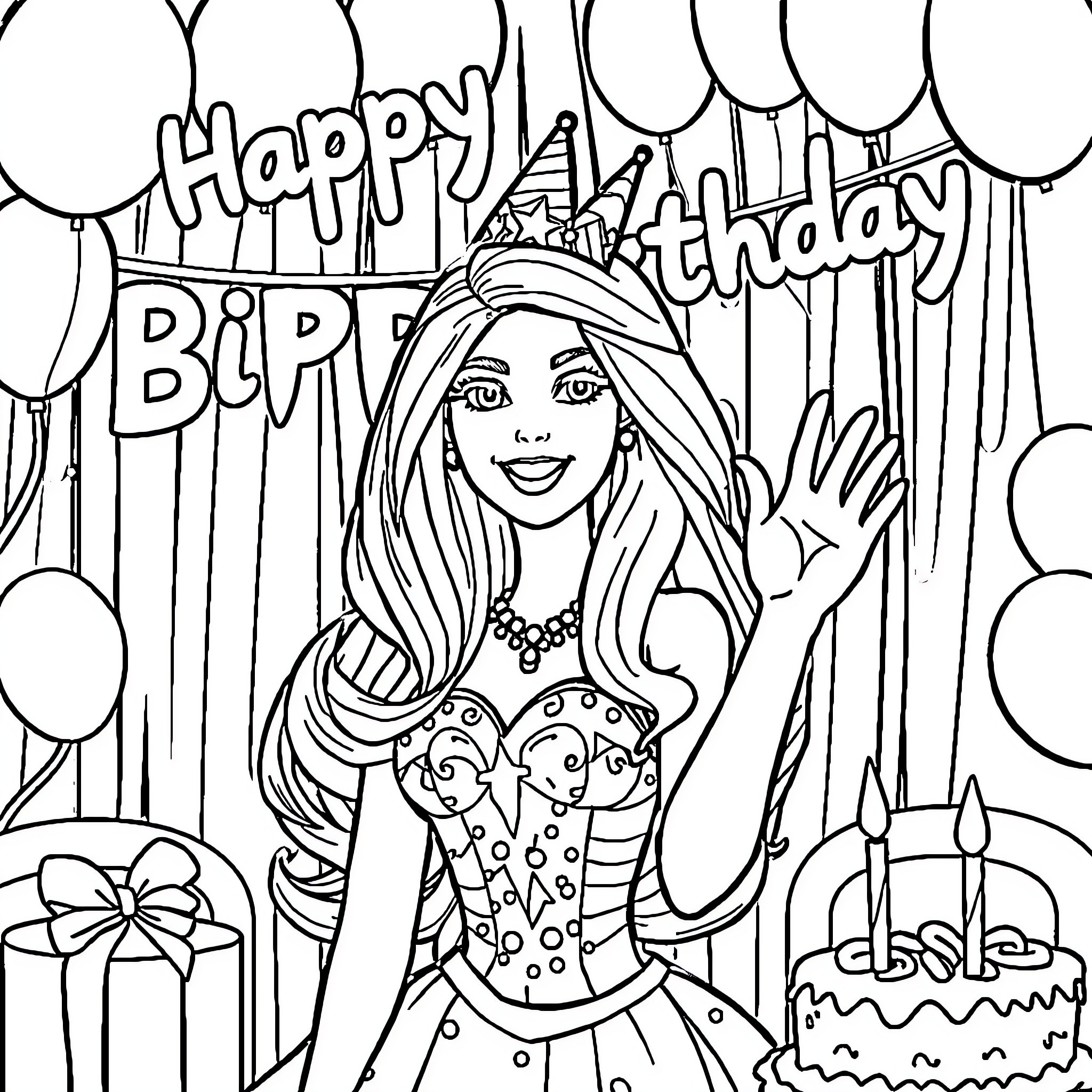 Barbie celebrating a joyous birthday with balloons Coloring Page (free black-and-white line drawing printable PDF for all, from beginners to advanced learners, including children, teens, adults, and seniors)