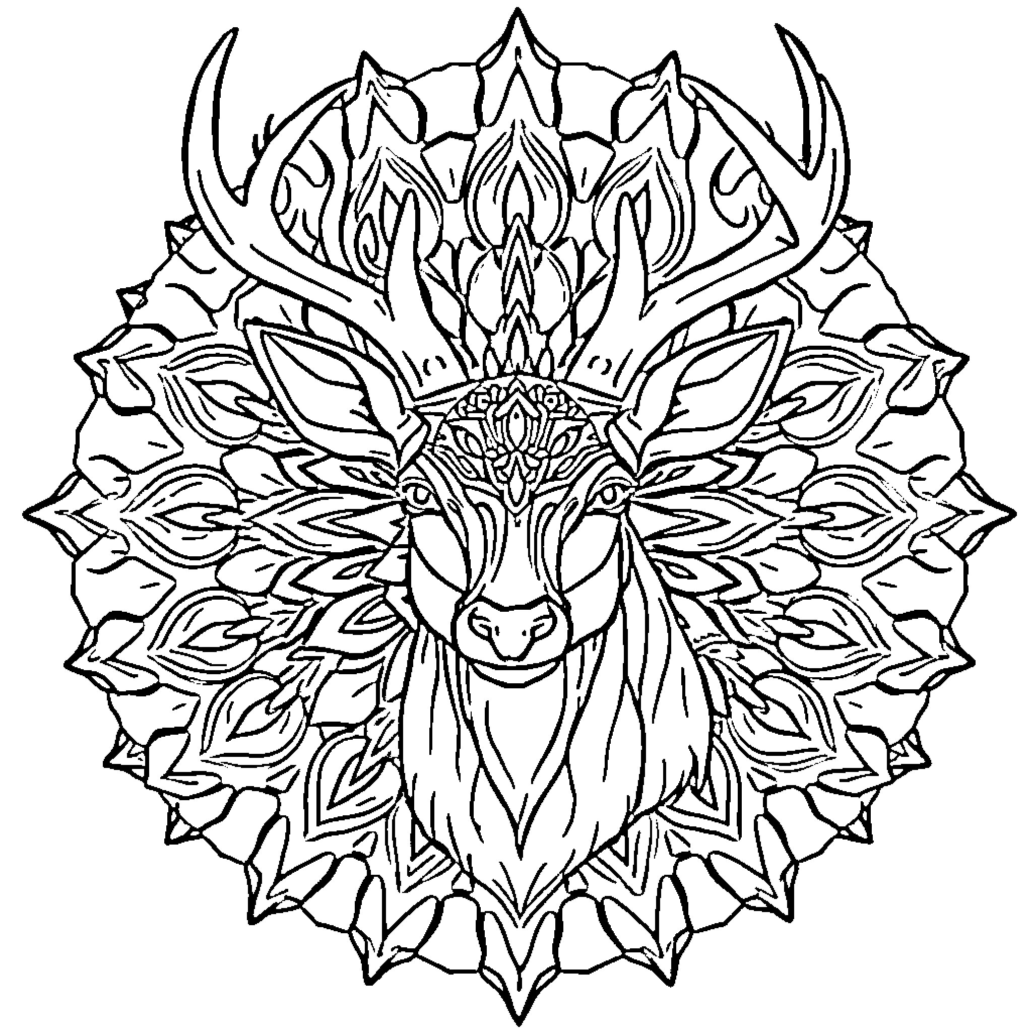 Deer with intricate floral crown Coloring Page (free black-and-white line drawing printable PDF for all, from beginners to advanced learners, including children, teens, adults, and seniors)