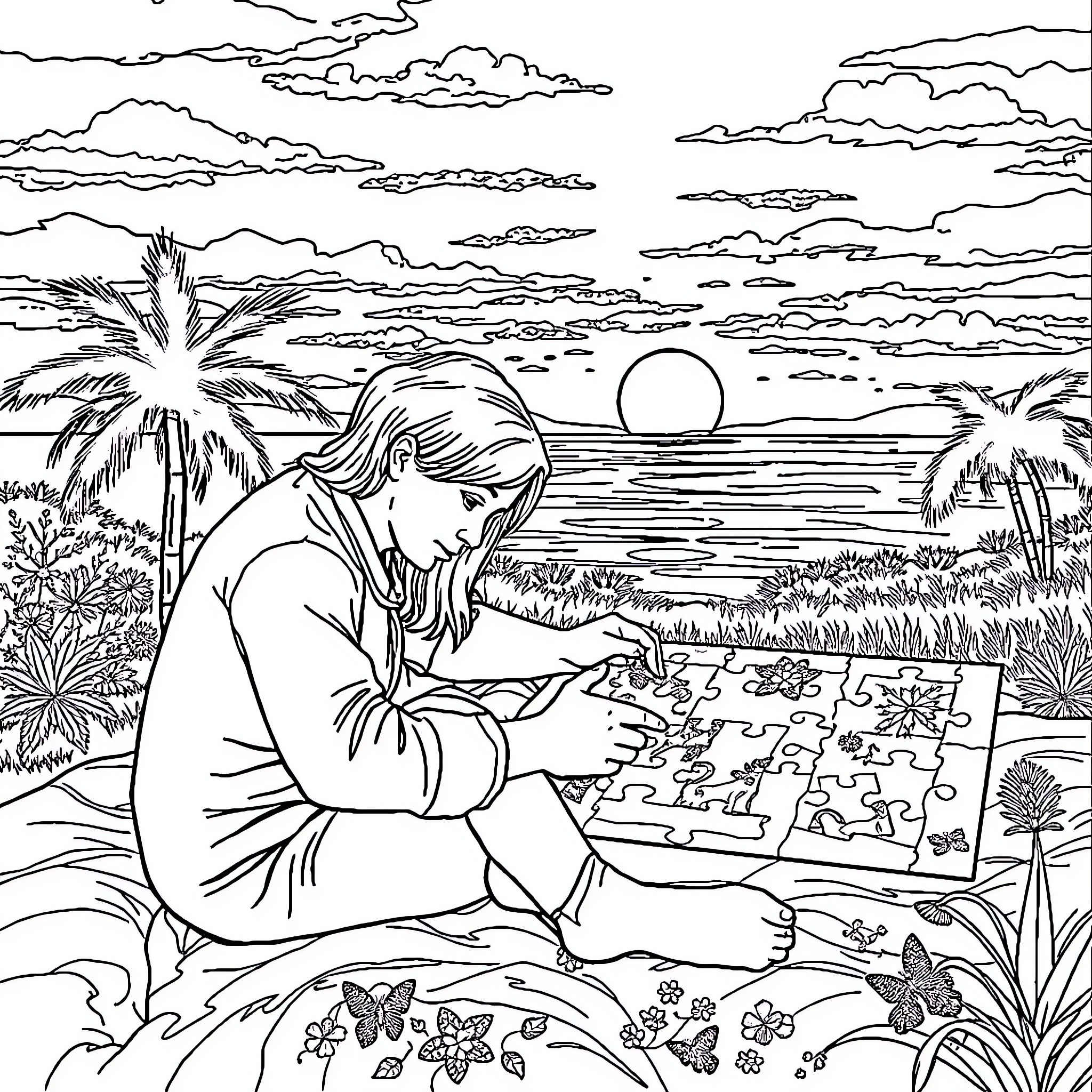 Puzzle Scenic Sunset Relaxation Coloring Page (free black-and-white line drawing printable PDF for all, from beginners to advanced learners, including children, teens, adults, and seniors)