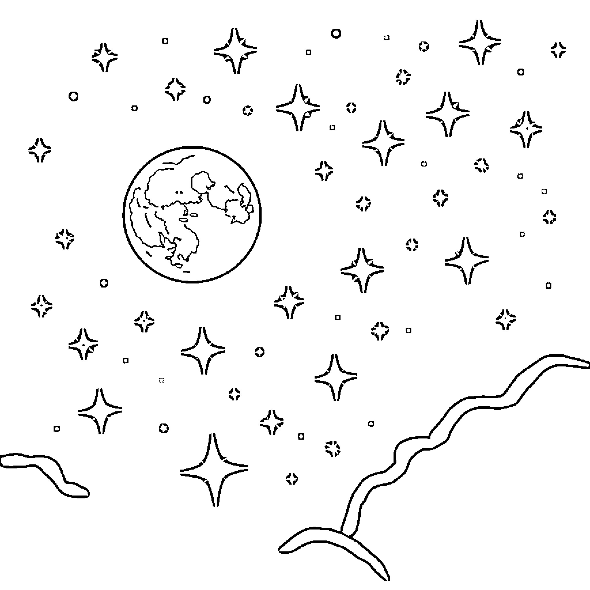 Star and Moon Celestial Landscape Coloring Page (free black-and-white line drawing printable PDF for all, from beginners to advanced learners, including children, teens, adults, and seniors)