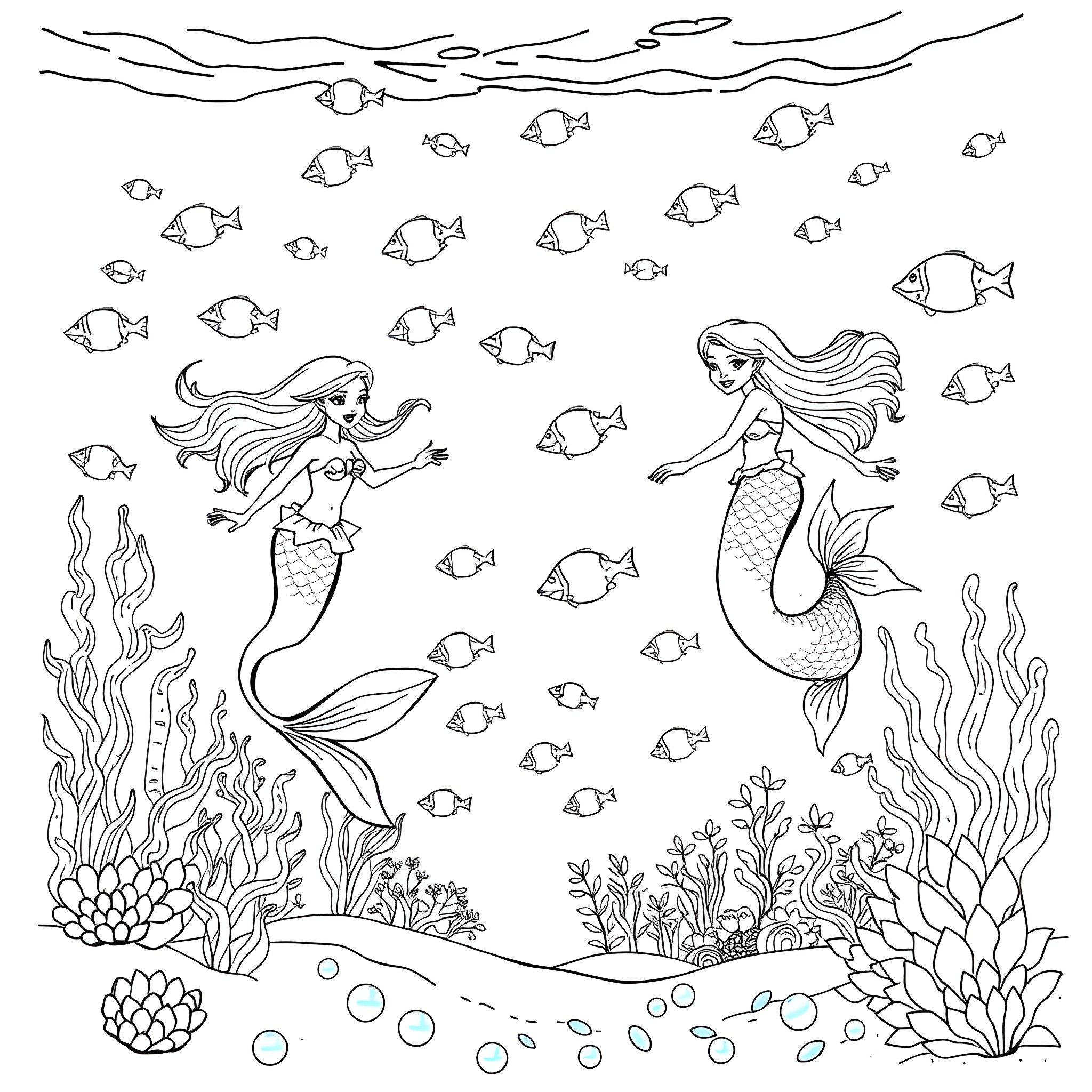 Mermaid Playing with Fish in the Ocean Coloring Page (free black-and-white line drawing printable PDF for all, from beginners to advanced learners, including children, teens, adults, and seniors)