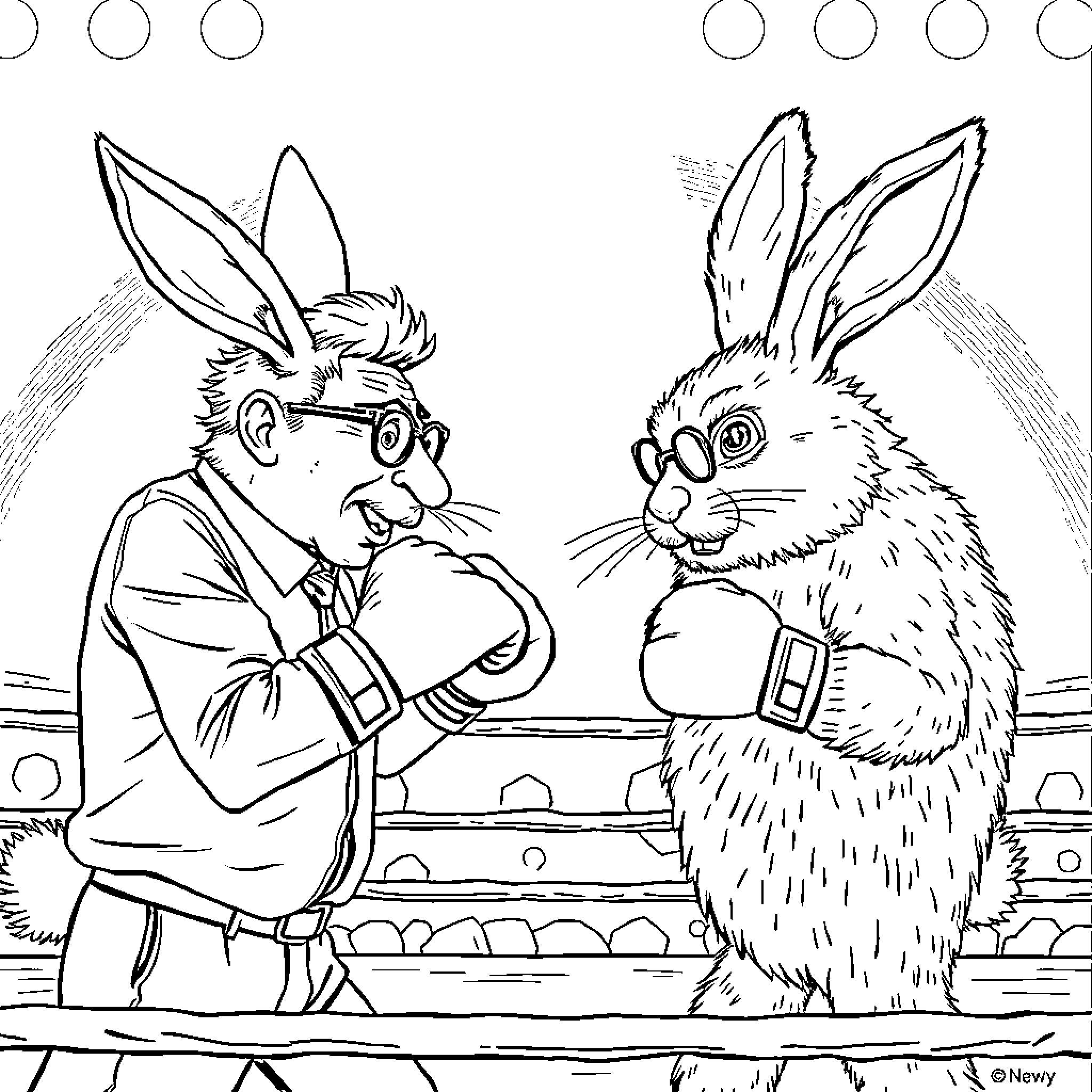 Woody Allen interacting with an animated rabbit Coloring Page (free black-and-white line drawing printable PDF for all, from beginners to advanced learners, including children, teens, adults, and seniors)