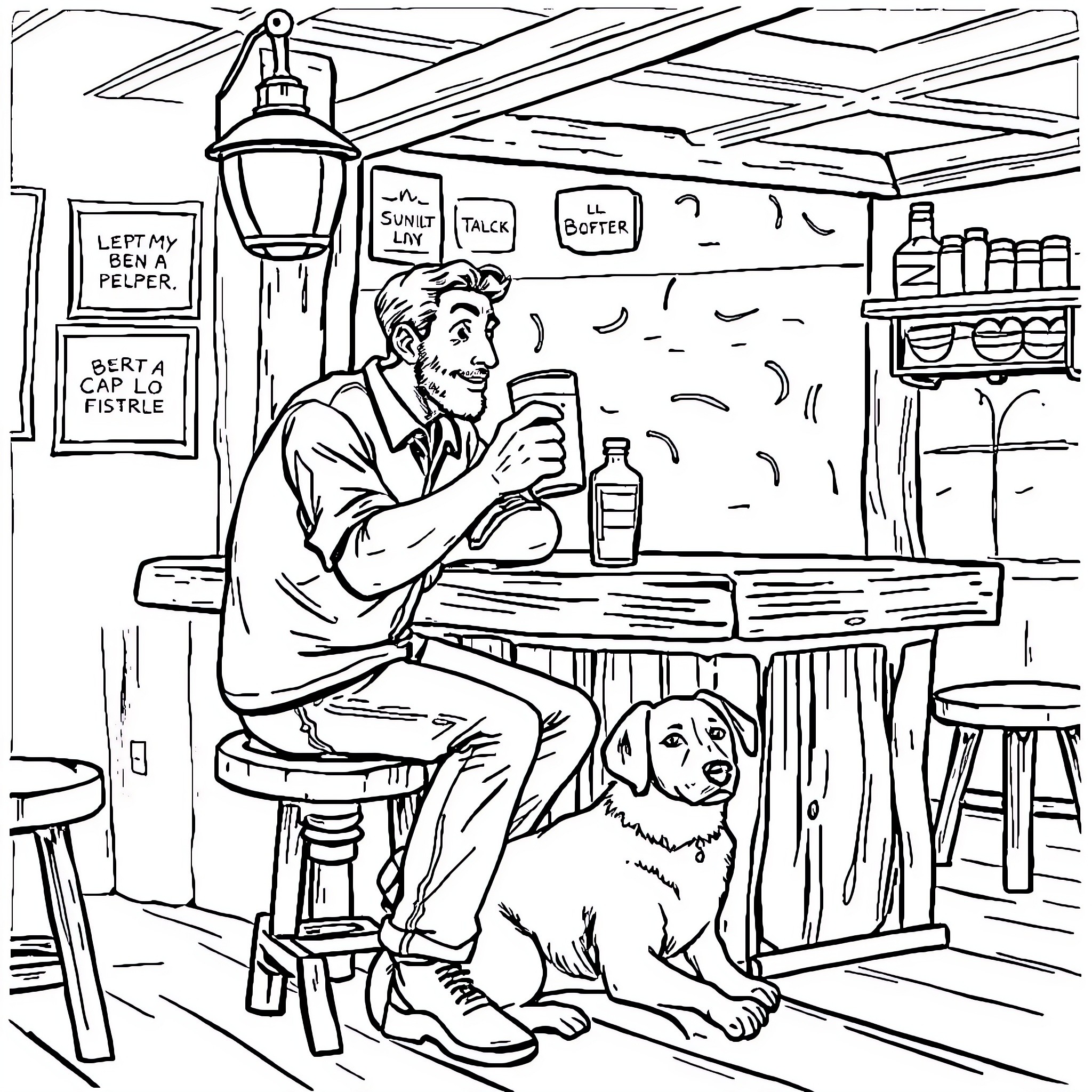 Man relaxing with his dog in a cozy cafe Coloring Page (free black-and-white line drawing printable PDF for all, from beginners to advanced learners, including children, teens, adults, and seniors)
