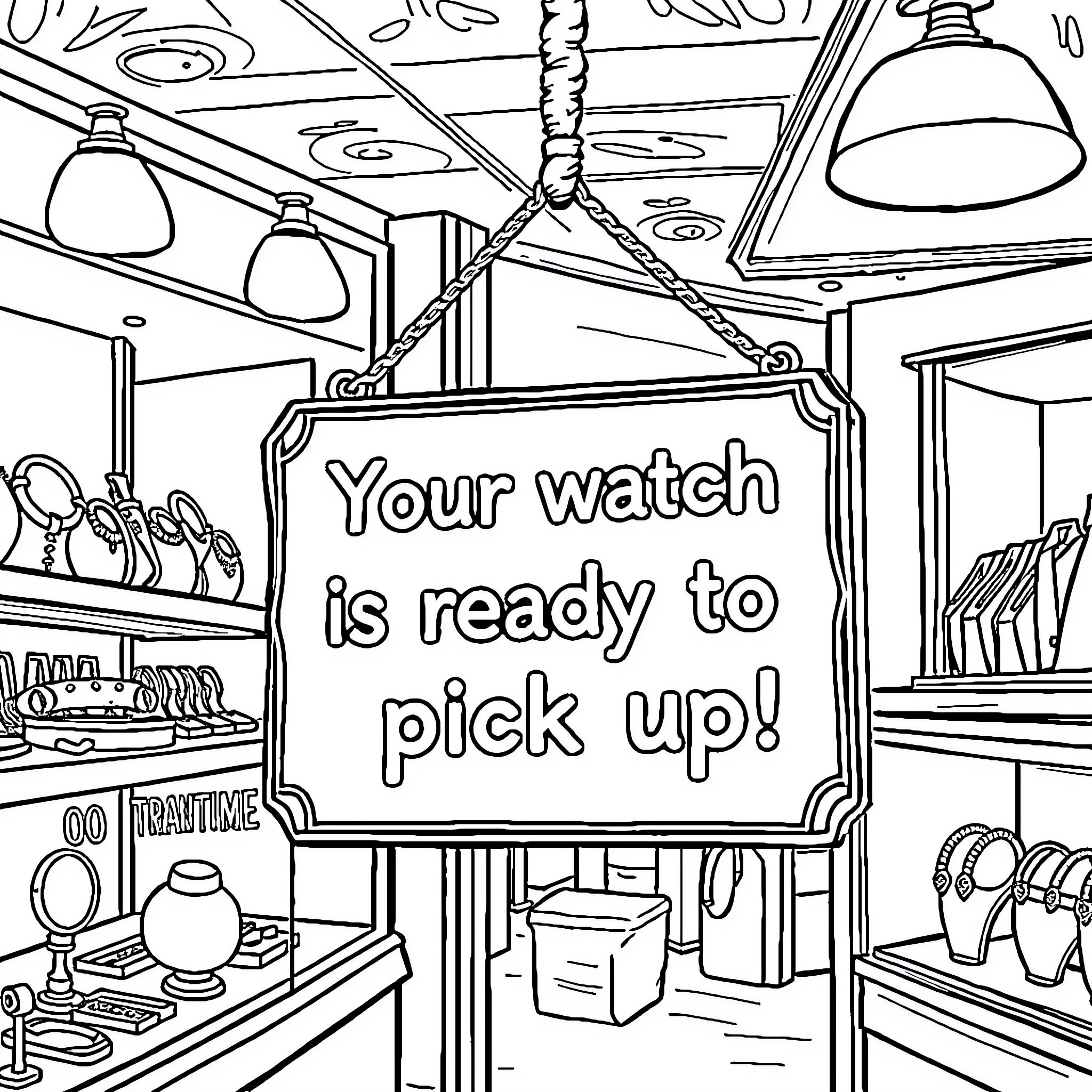 Sign inviting to pick up a watch Coloring Page (free black-and-white line drawing printable PDF for all, from beginners to advanced learners, including children, teens, adults, and seniors)