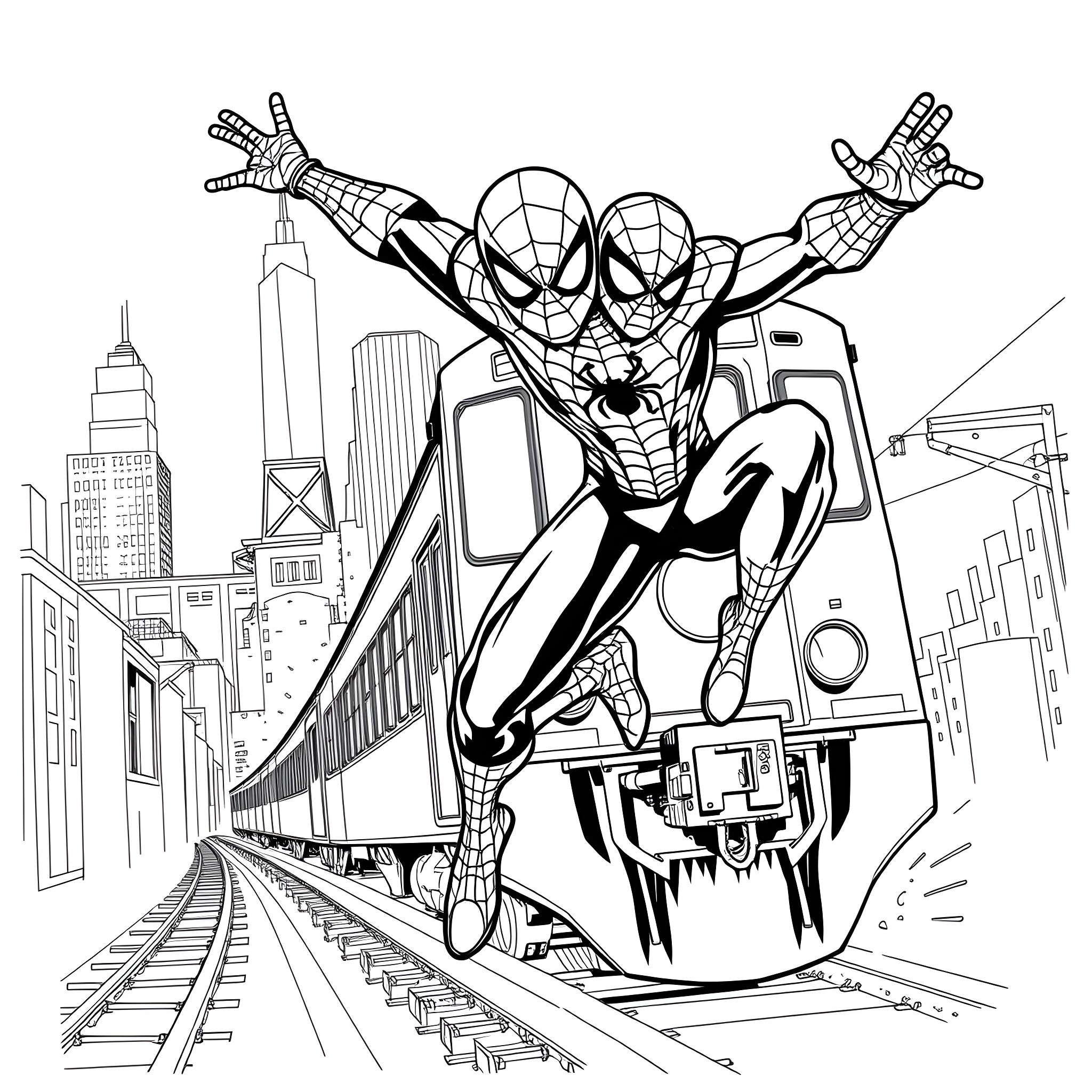 Spiderman swinging through the city with heroic pose Coloring Page (free black-and-white line drawing printable PDF for all, from beginners to advanced learners, including children, teens, adults, and seniors)