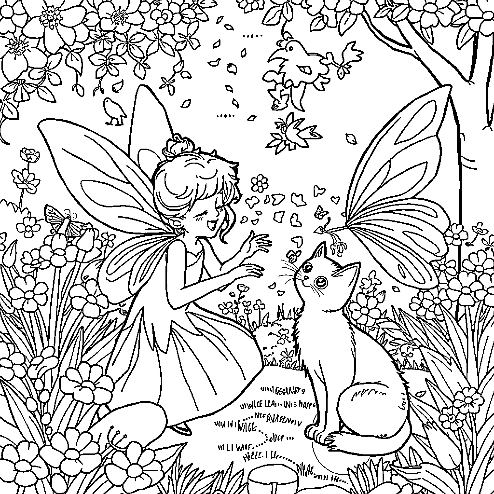 Fee's Fantastical Forest Friends Coloring Page (free black-and-white line drawing printable PDF for all, from beginners to advanced learners, including children, teens, adults, and seniors)