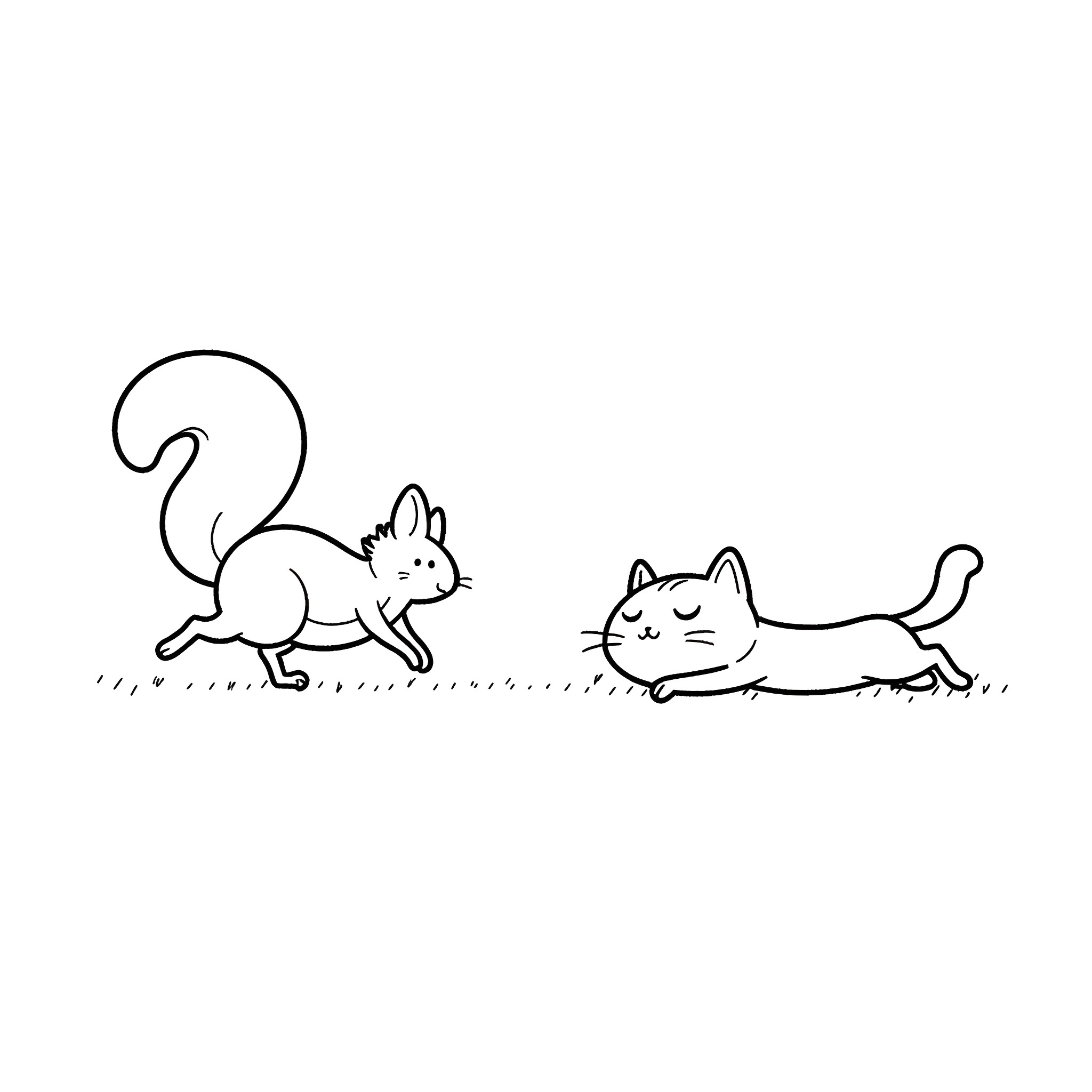 Squirrel and cat playing in the grass Coloring Page (free black-and-white line drawing printable PDF for all, from beginners to advanced learners, including children, teens, adults, and seniors)