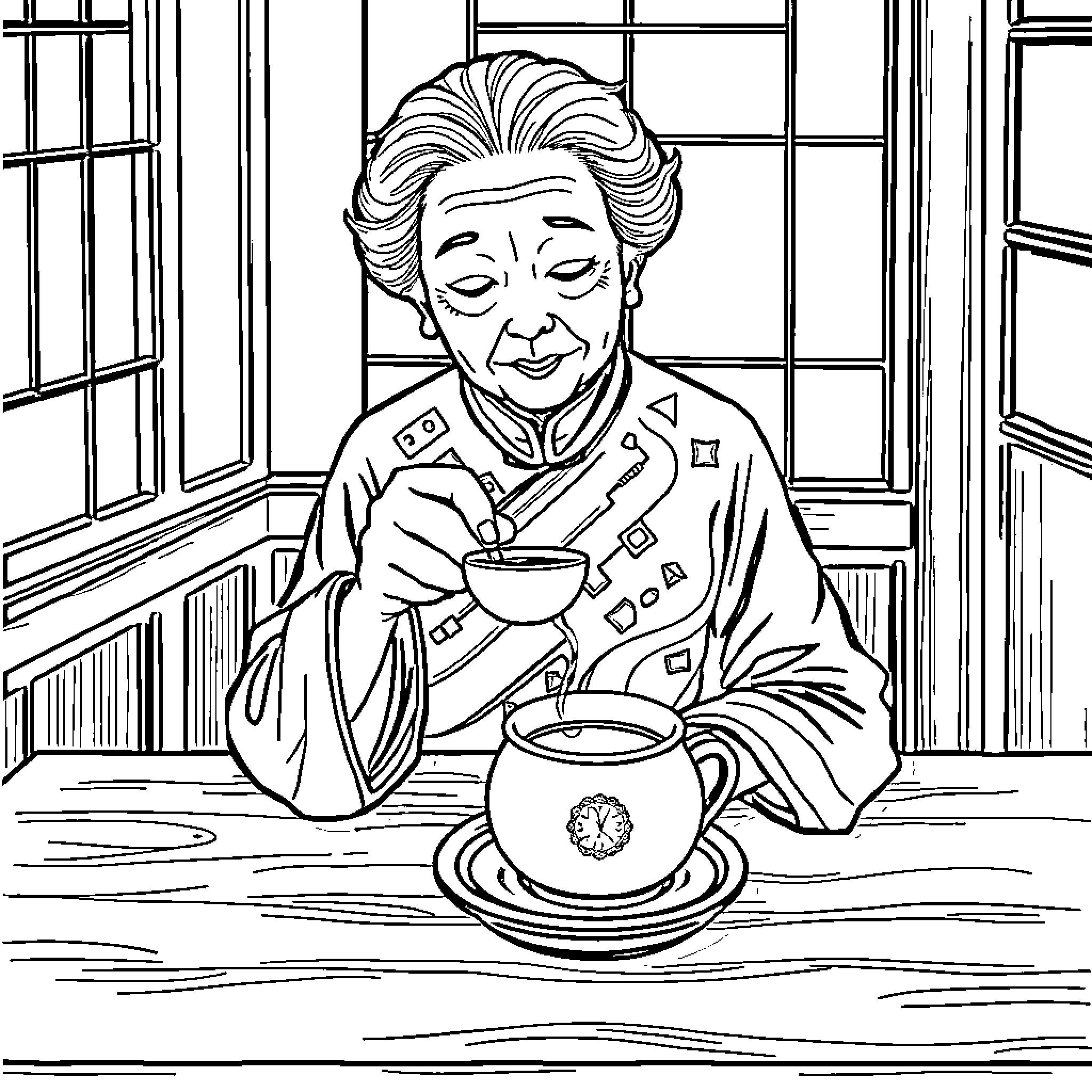 Maomao enjoying a warm beverage by the window Coloring Page (free black-and-white line drawing printable PDF for all, from beginners to advanced learners, including children, teens, adults, and seniors)