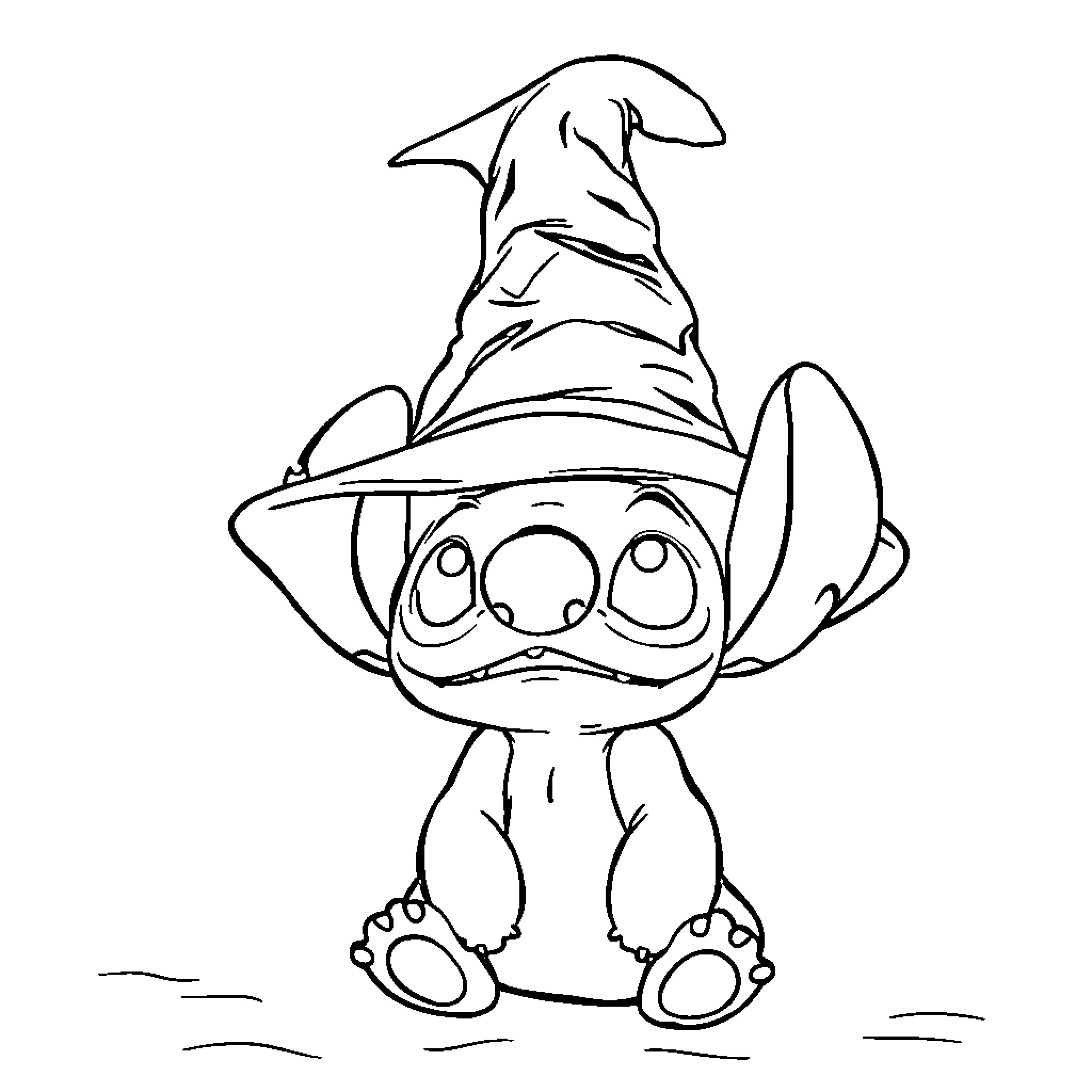 Stitch wearing a wizard hat in a whimsical scene Coloring Page (free black-and-white line drawing printable PDF for all, from beginners to advanced learners, including children, teens, adults, and seniors)