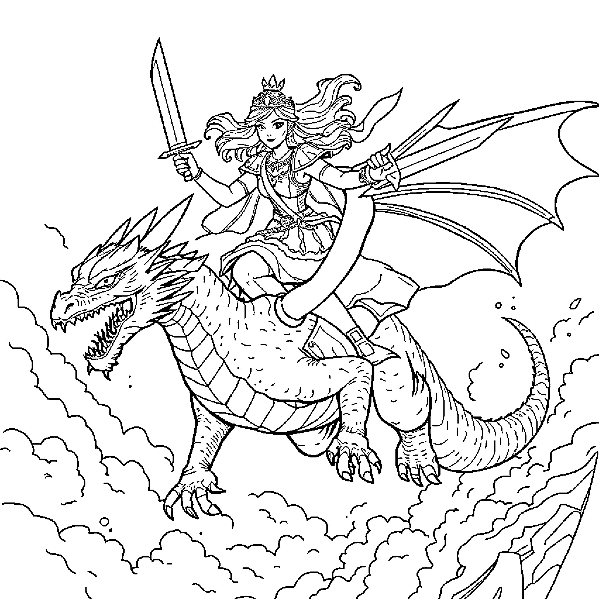 Princess Riding Majestic Dragon with Sword and Shield Coloring Page (free black-and-white line drawing printable PDF for all, from beginners to advanced learners, including children, teens, adults, and seniors)