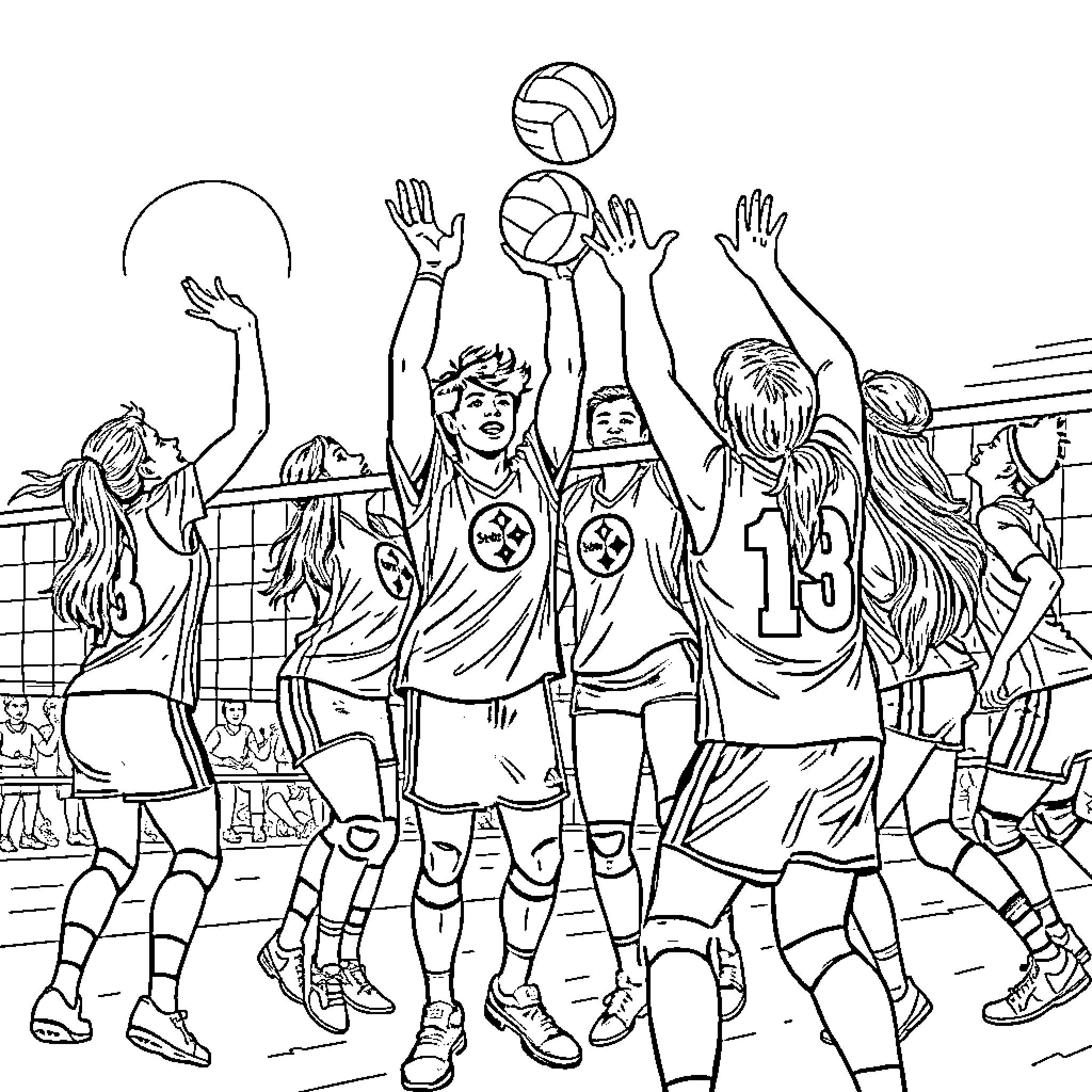 Steelers volleyball team in action on the court Coloring Page (free black-and-white line drawing printable PDF for all, from beginners to advanced learners, including children, teens, adults, and seniors)