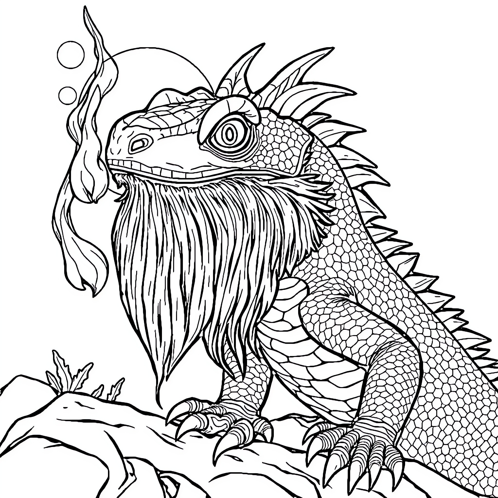 Bearded Dragon Among the Rocks Coloring Page (free black-and-white line drawing printable PDF for all, from beginners to advanced learners, including children, teens, adults, and seniors)