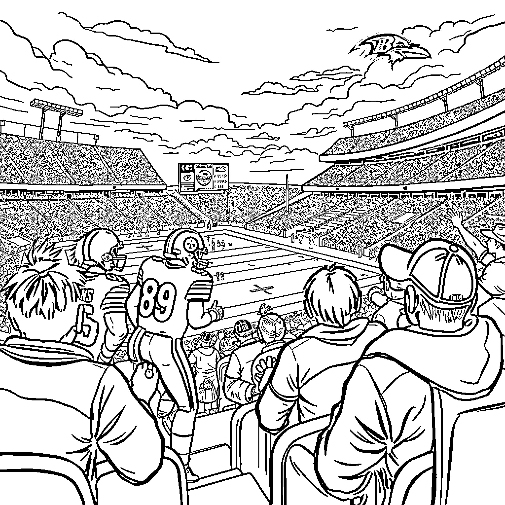 Steelers Fans Cheer in Packed Stadium Coloring Page (free black-and-white line drawing printable PDF for all, from beginners to advanced learners, including children, teens, adults, and seniors)
