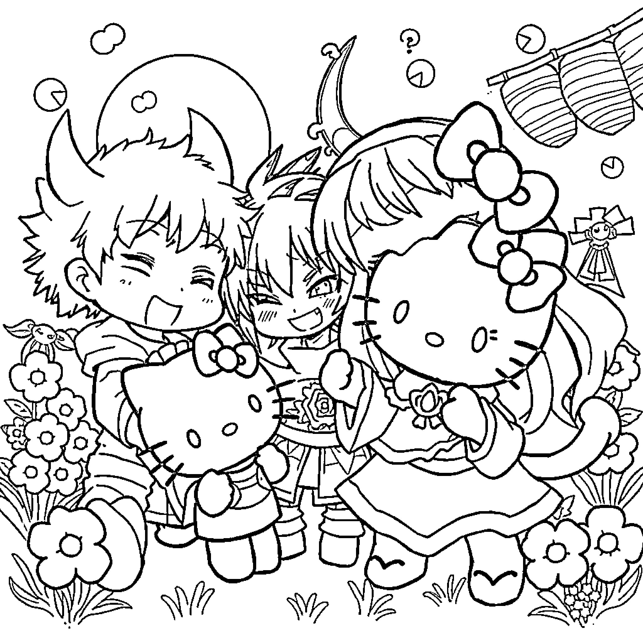 Character Adorable Figures Embracing in Floral Scene Coloring Page (free black-and-white line drawing printable PDF for all, from beginners to advanced learners, including children, teens, adults, and seniors)