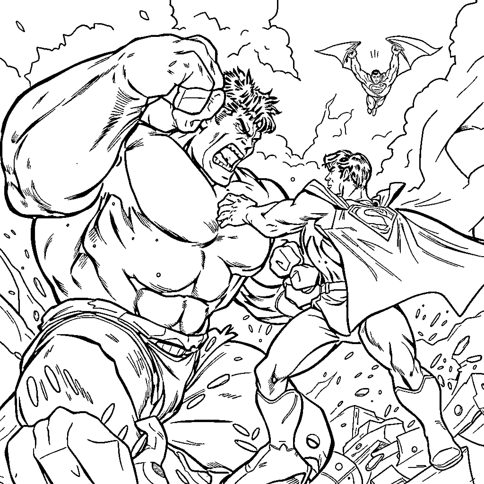 Hulk battling a team of powerful superheroes in an intense showdown Coloring Page (free black-and-white line drawing printable PDF for all, from beginners to advanced learners, including children, teens, adults, and seniors)