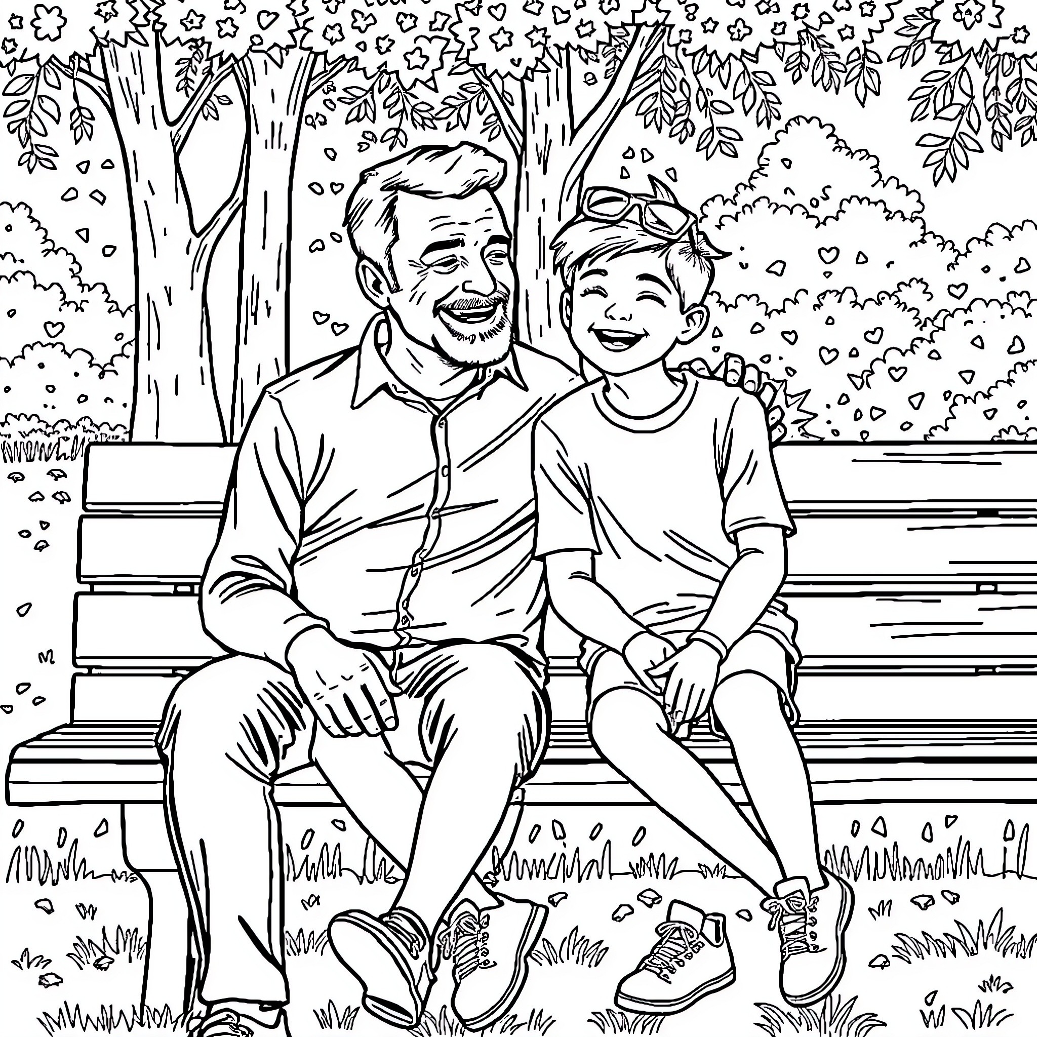 Dad and Son Enjoying Nature's Beauty Coloring Page (free black-and-white line drawing printable PDF for all, from beginners to advanced learners, including children, teens, adults, and seniors)