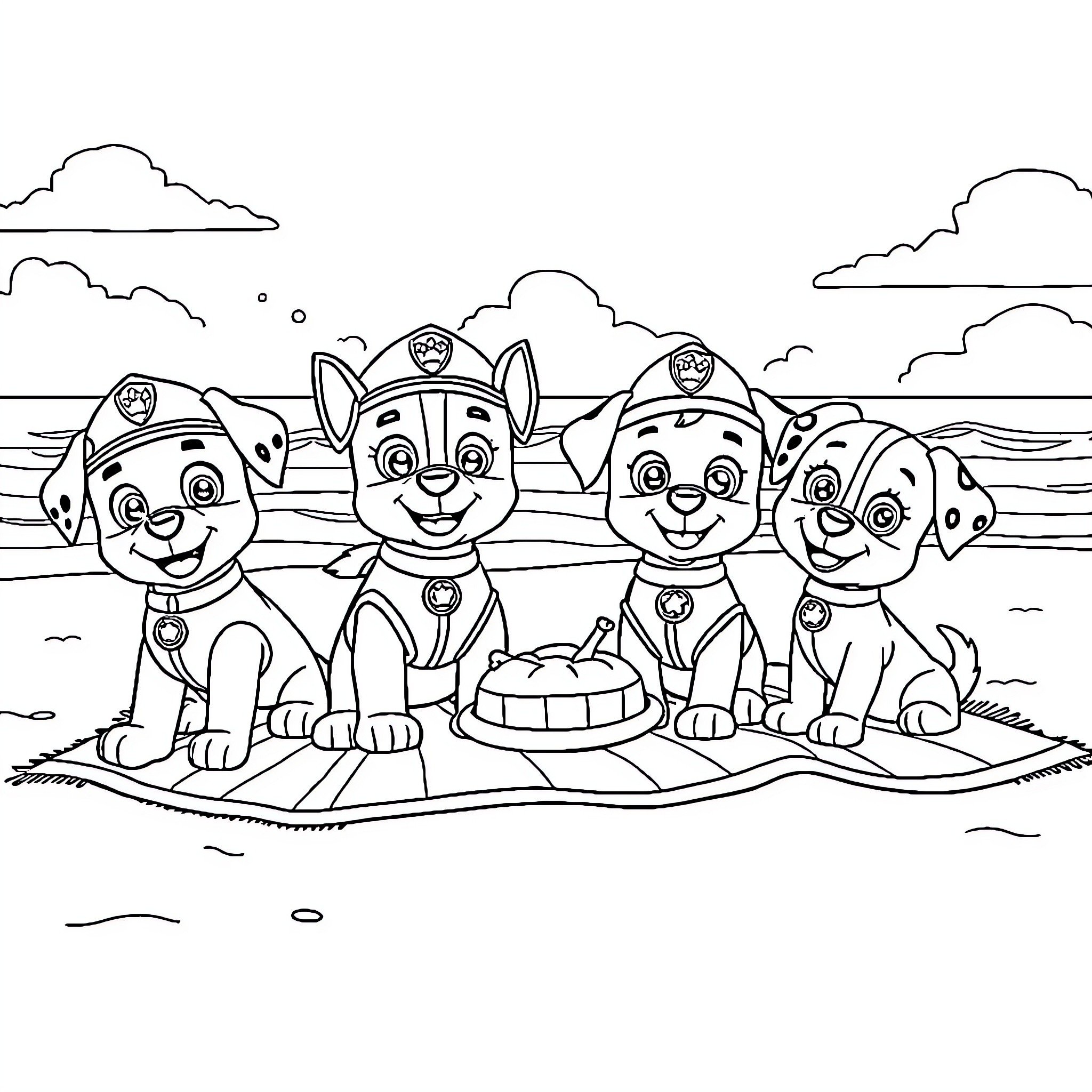 Paw Patrol characters on the beach Coloring Page (free black-and-white line drawing printable PDF for all, from beginners to advanced learners, including children, teens, adults, and seniors)