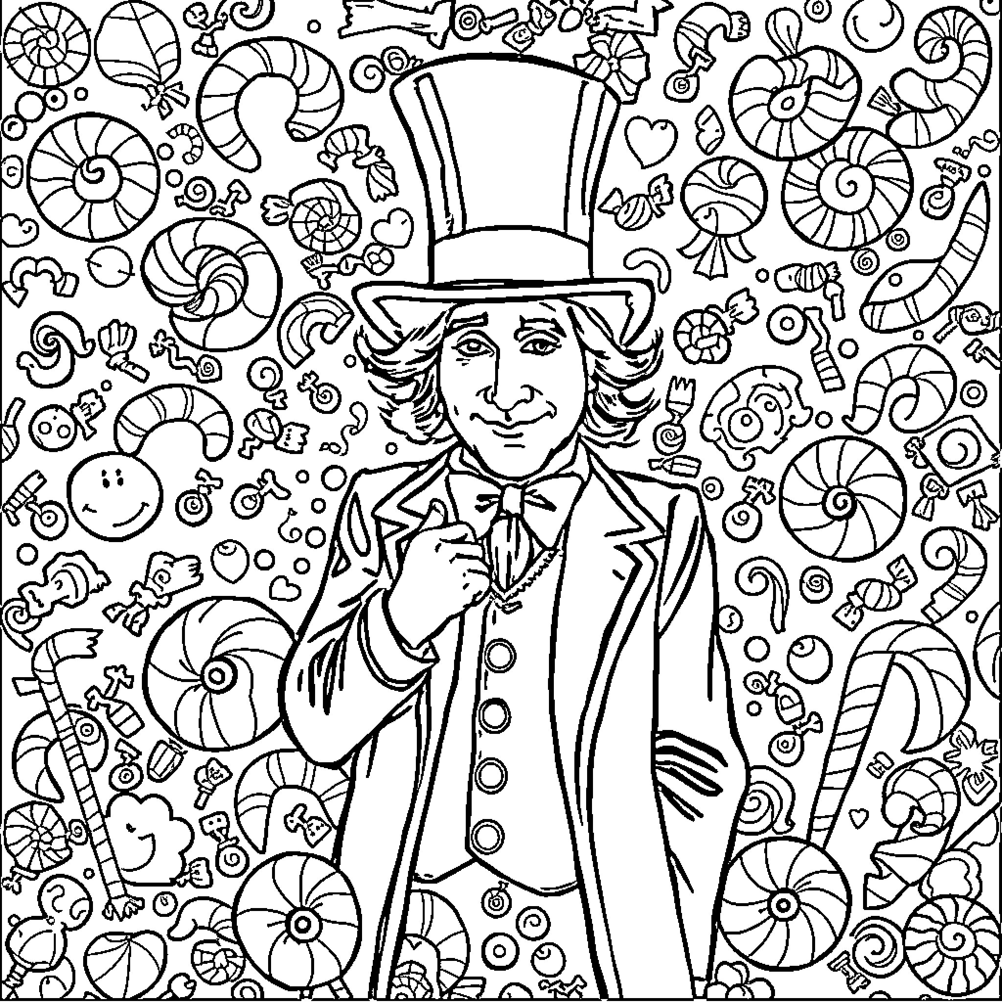 Willy Wonka's Whimsical World of Sweets and Surprises Coloring Page (free black-and-white line drawing printable PDF for all, from beginners to advanced learners, including children, teens, adults, and seniors)