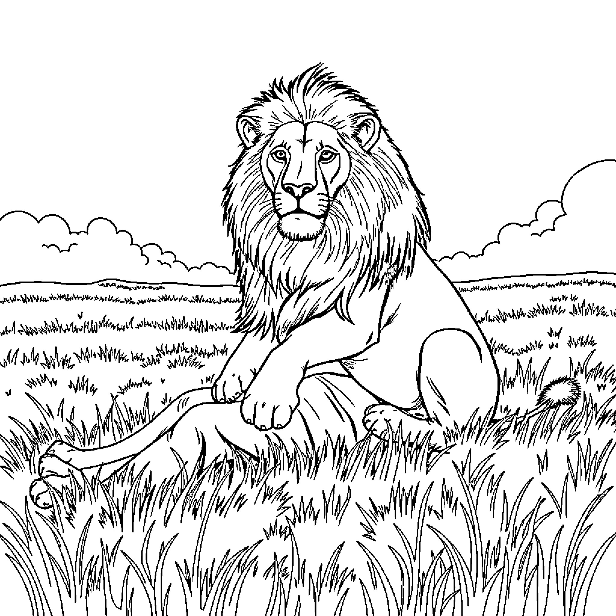 Lion resting in grassy field with clouds Coloring Page (free black-and-white line drawing printable PDF for all, from beginners to advanced learners, including children, teens, adults, and seniors)