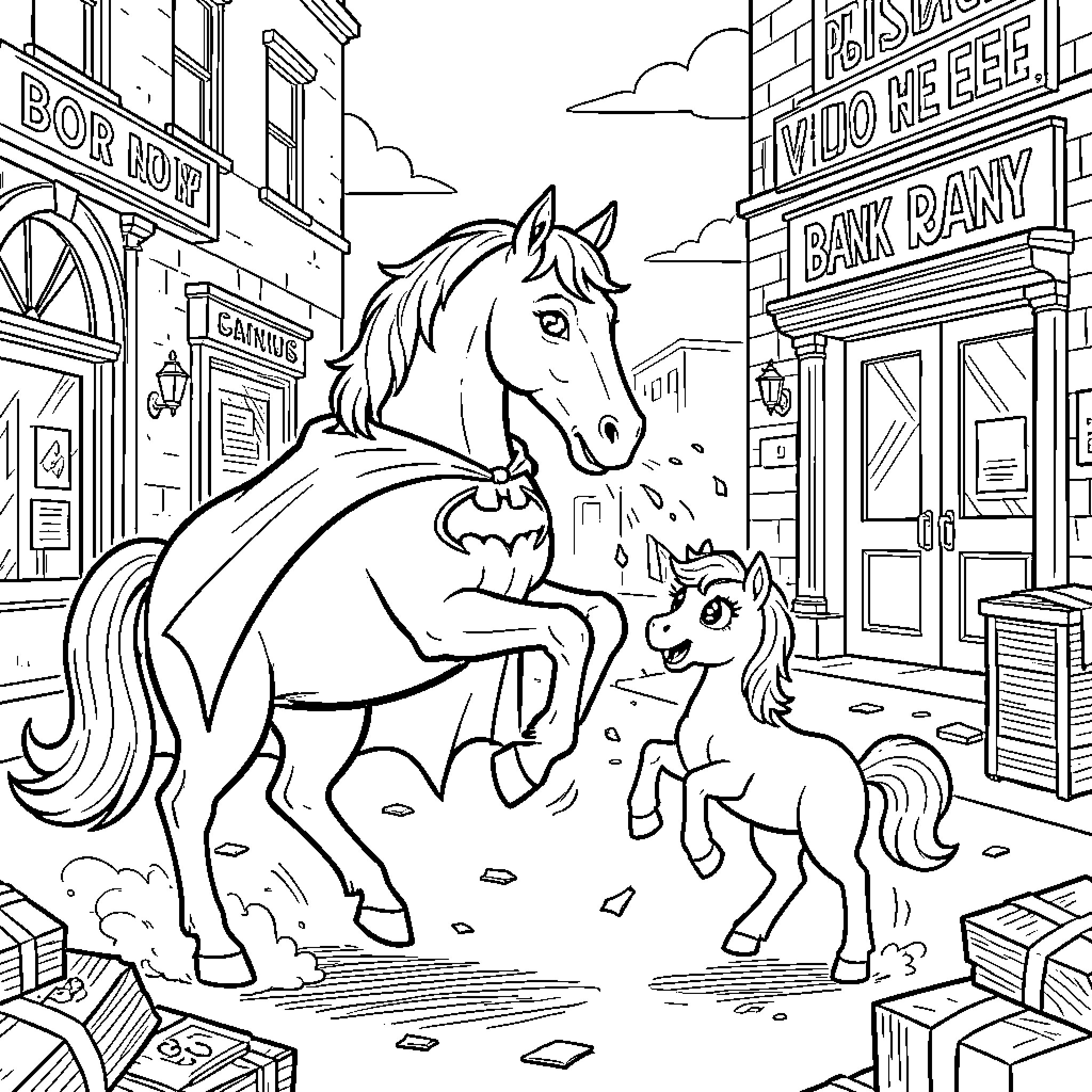 Horse wearing a superhero cape in a city street Coloring Page (free black-and-white line drawing printable PDF for all, from beginners to advanced learners, including children, teens, adults, and seniors)