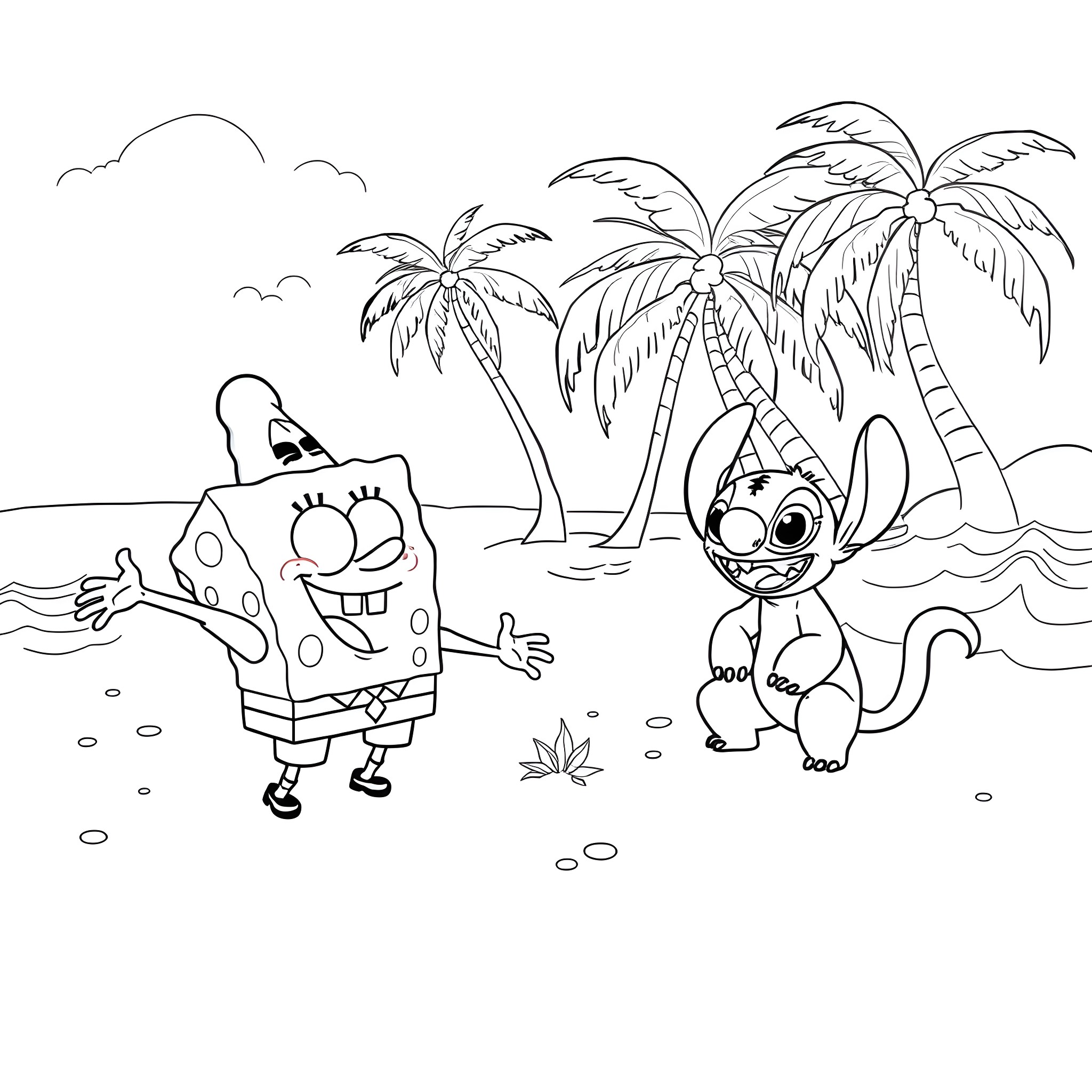 Spongebob and Stitch playing on the beach Coloring Page (free black-and-white line drawing printable PDF for all, from beginners to advanced learners, including children, teens, adults, and seniors)