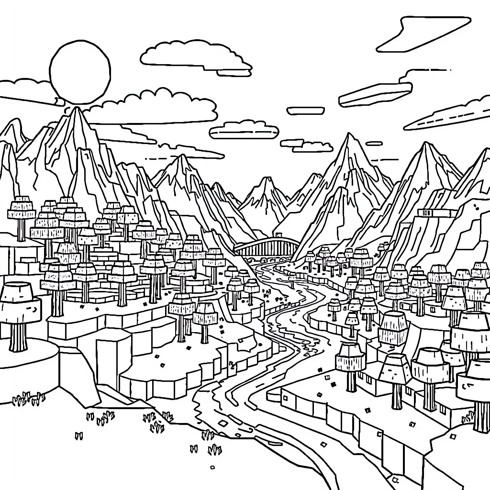 Minecraft fantasy mountainous landscape with city Coloring Page (free black-and-white line drawing printable PDF for all, from beginners to advanced learners, including children, teens, adults, and seniors)