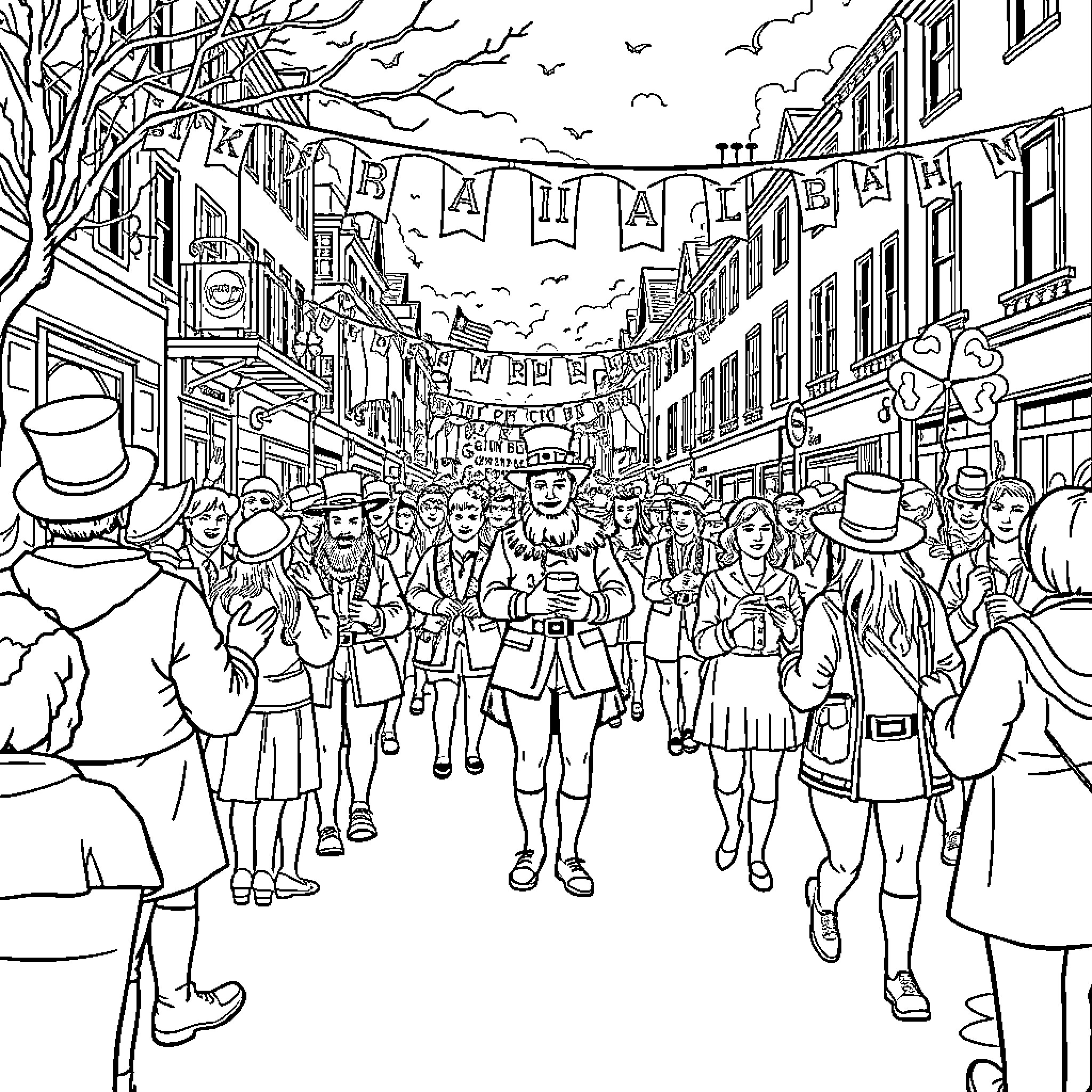 Saint Patrick's Day Parade Celebration in the City Coloring Page (free black-and-white line drawing printable PDF for all, from beginners to advanced learners, including children, teens, adults, and seniors)