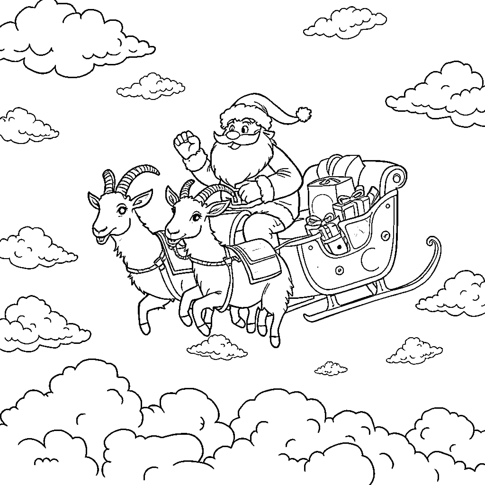 Santa riding his sleigh with reindeer through the clouds Coloring Page (free black-and-white line drawing printable PDF for all, from beginners to advanced learners, including children, teens, adults, and seniors)