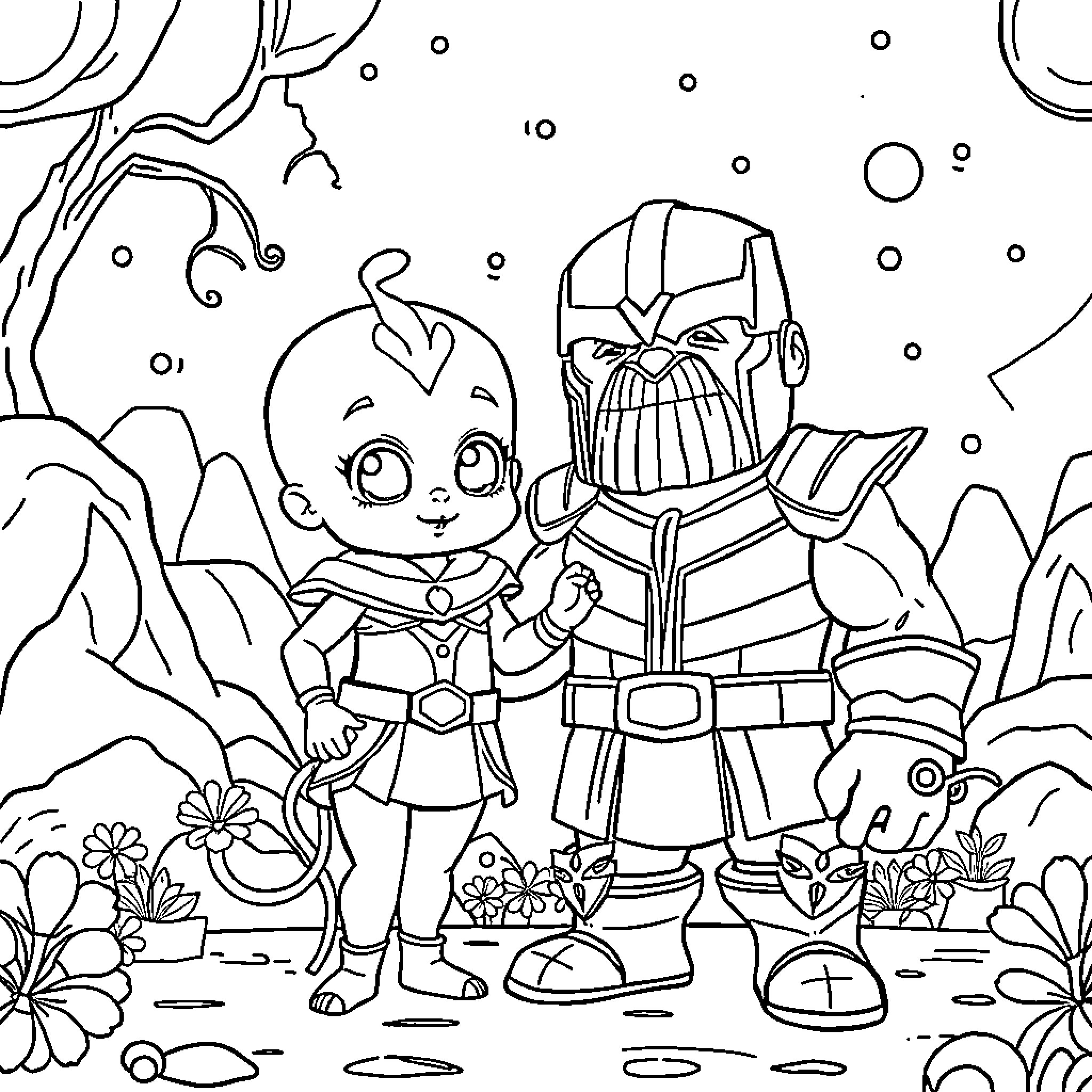 Baby Saja's Fantastical Encounter with Heroic Warrior Coloring Page (free black-and-white line drawing printable PDF for all, from beginners to advanced learners, including children, teens, adults, and seniors)