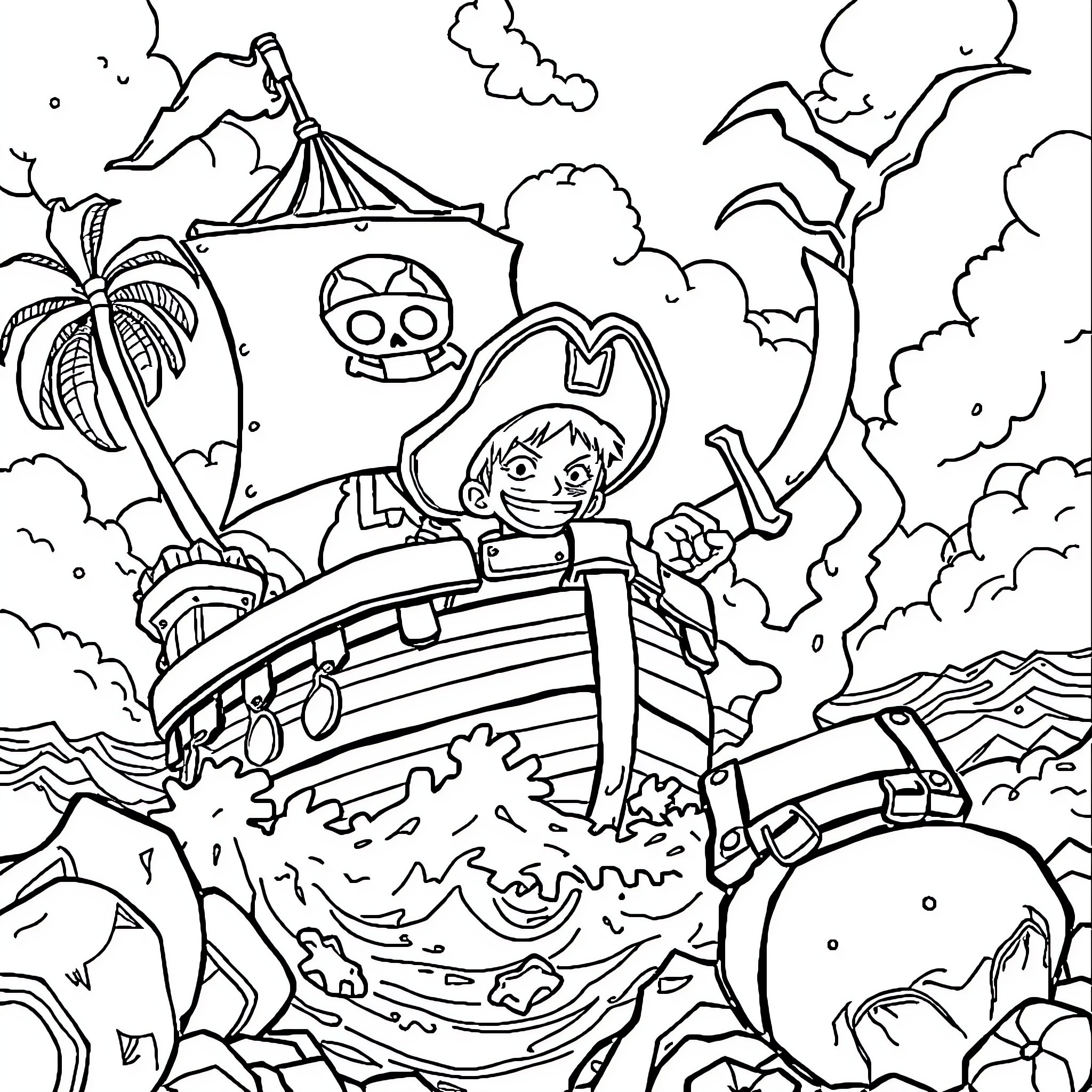One Piece Adventure on the High Seas Coloring Page (free black-and-white line drawing printable PDF for all, from beginners to advanced learners, including children, teens, adults, and seniors)