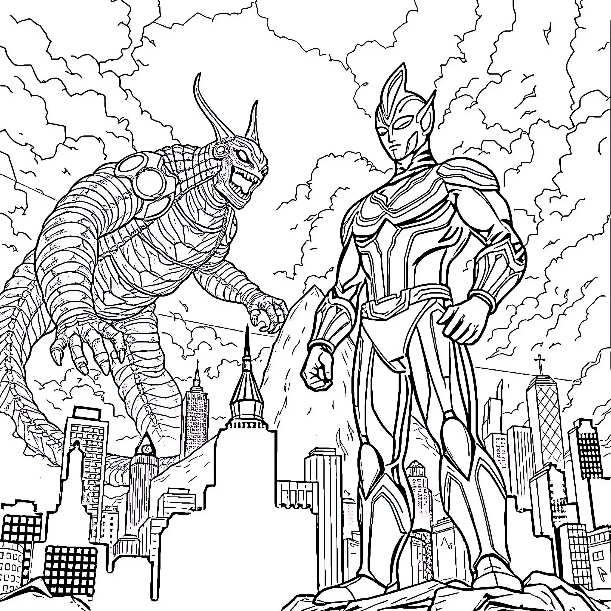 Ultraman battling a giant insect-like monster in the city Coloring Page (free black-and-white line drawing printable PDF for all, from beginners to advanced learners, including children, teens, adults, and seniors)