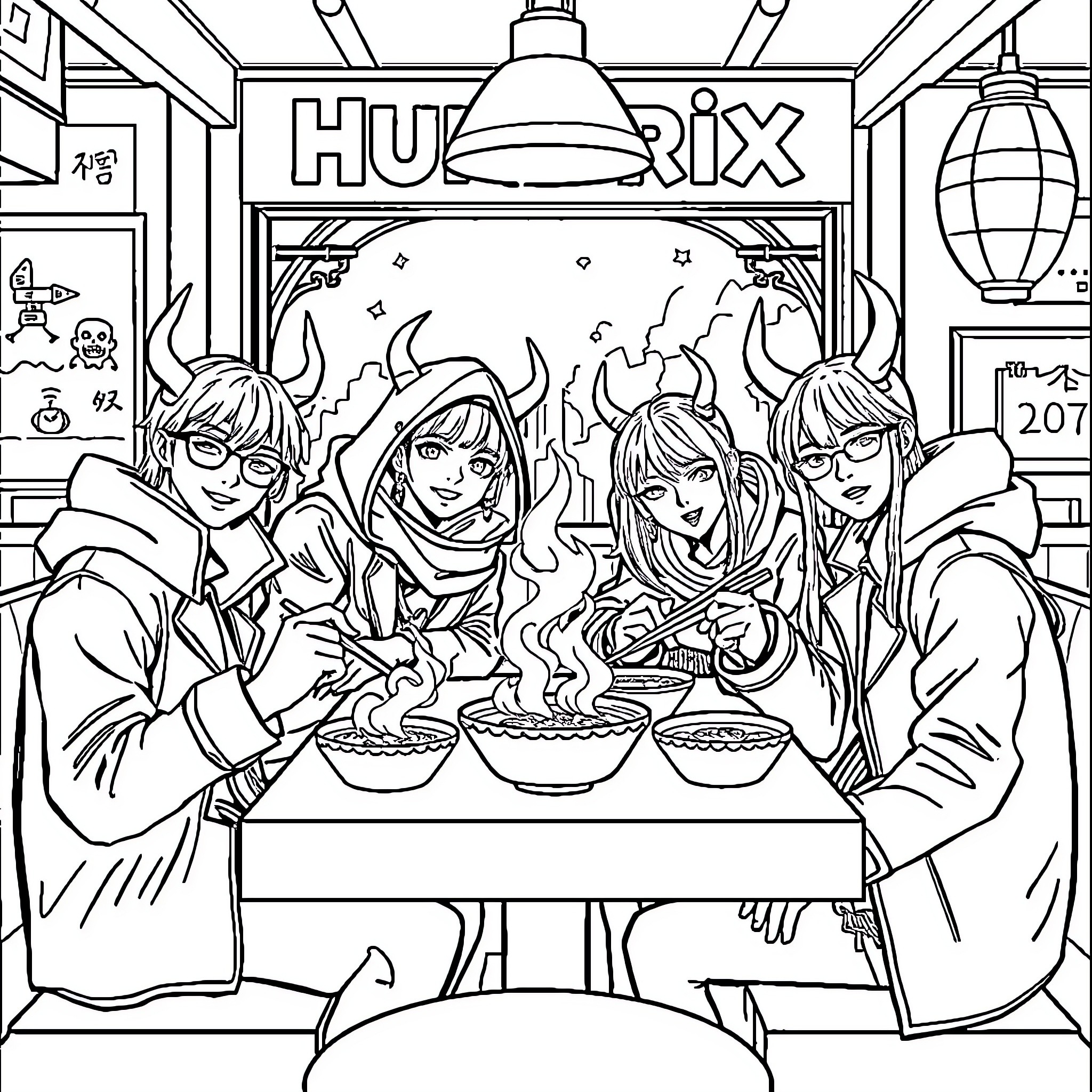 Kpop Idols Enjoying Ramen at a Restaurant Coloring Page (free black-and-white line drawing printable PDF for all, from beginners to advanced learners, including children, teens, adults, and seniors)