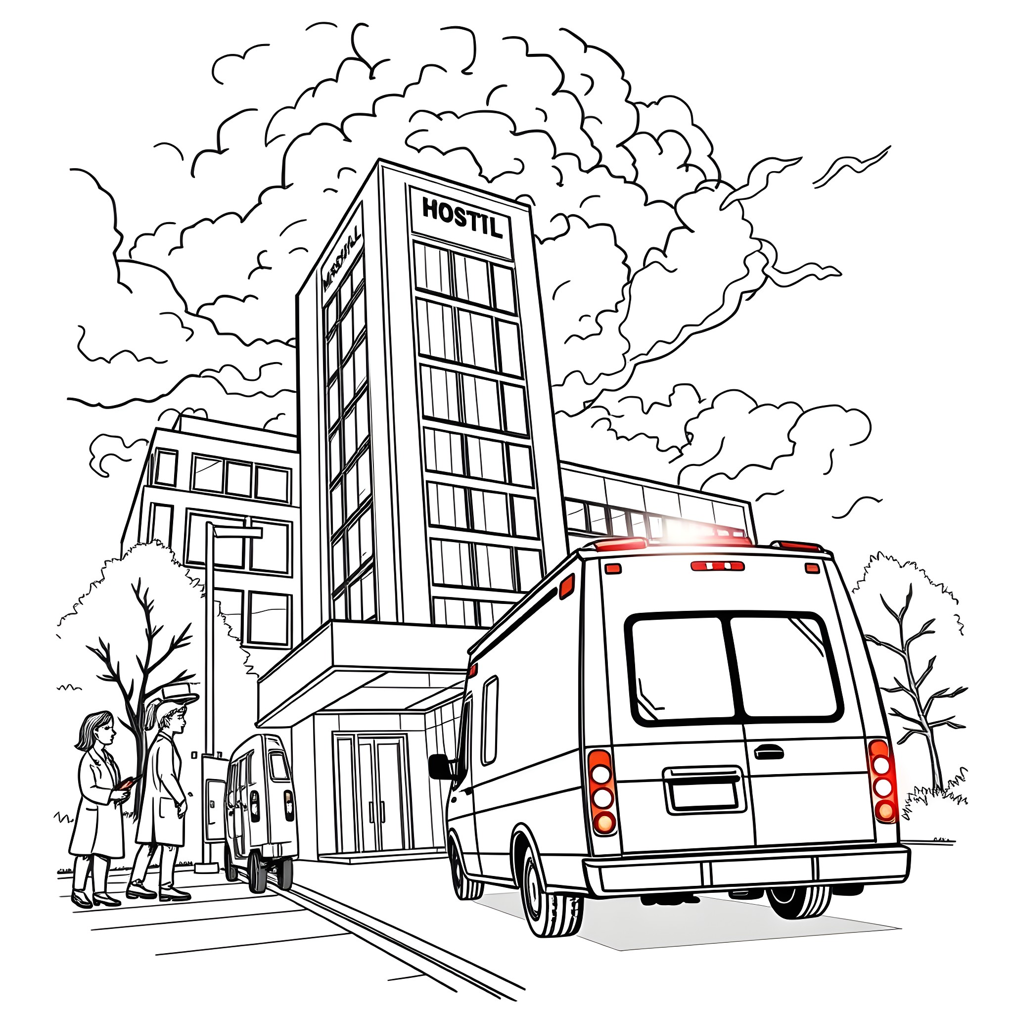 Ambulance responding to emergency at hostel Coloring Page (free black-and-white line drawing printable PDF for all, from beginners to advanced learners, including children, teens, adults, and seniors)