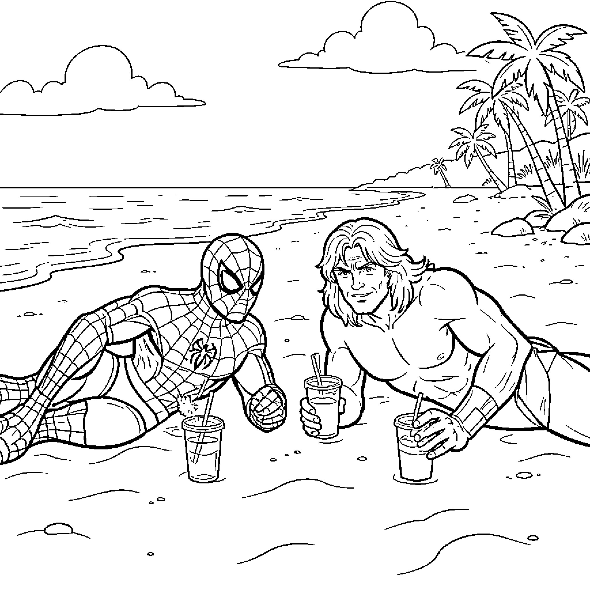 Spiderman relaxing on the beach with a friend Coloring Page (free black-and-white line drawing printable PDF for all, from beginners to advanced learners, including children, teens, adults, and seniors)