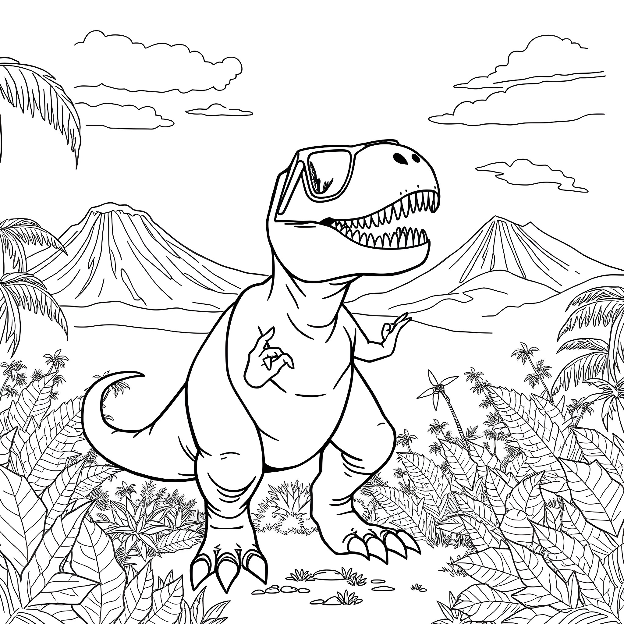 T-Rex Roaming in Prehistoric Landscape Coloring Page (free black-and-white line drawing printable PDF for all, from beginners to advanced learners, including children, teens, adults, and seniors)