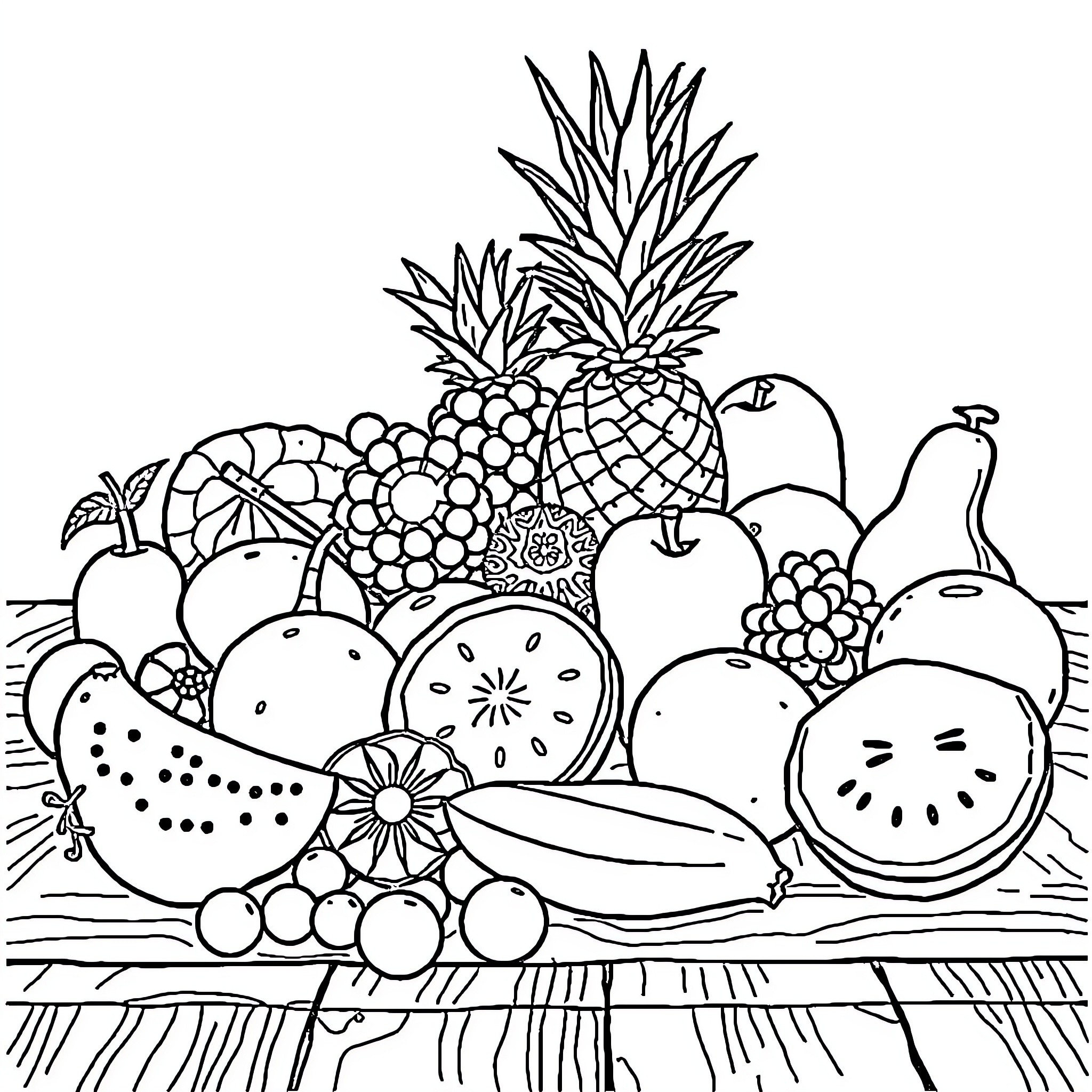 Fruit Basket with Assorted Produce Coloring Page (free black-and-white line drawing printable PDF for all, from beginners to advanced learners, including children, teens, adults, and seniors)