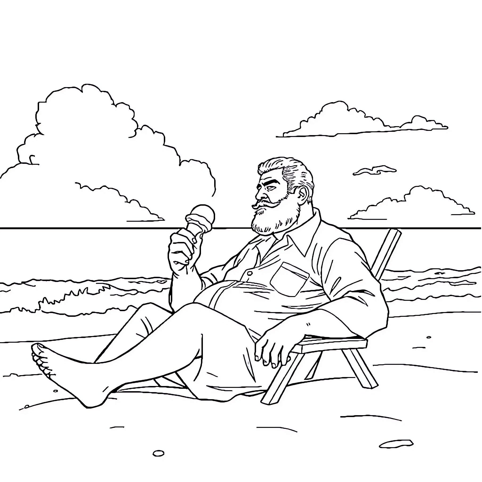 Saddam Hussein resting on the beach Coloring Page (free black-and-white line drawing printable PDF for all, from beginners to advanced learners, including children, teens, adults, and seniors)