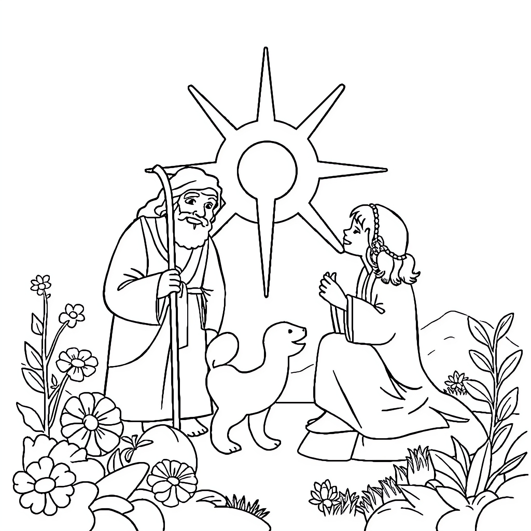 Bible characters in peaceful outdoor scene Coloring Page (free black-and-white line drawing printable PDF for all, from beginners to advanced learners, including children, teens, adults, and seniors)