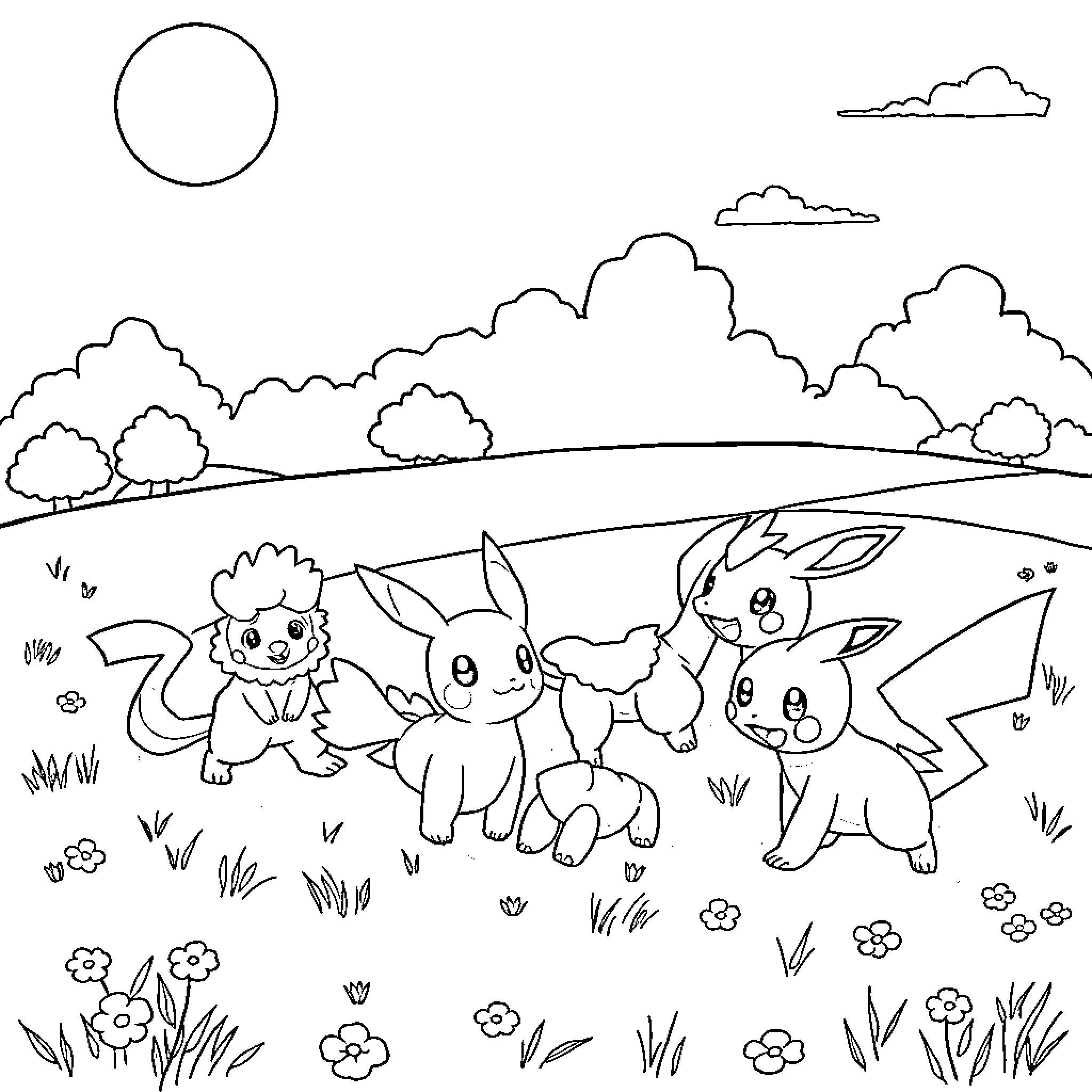 Pokémon playing joyfully in the meadow Coloring Page (free black-and-white line drawing printable PDF for all, from beginners to advanced learners, including children, teens, adults, and seniors)