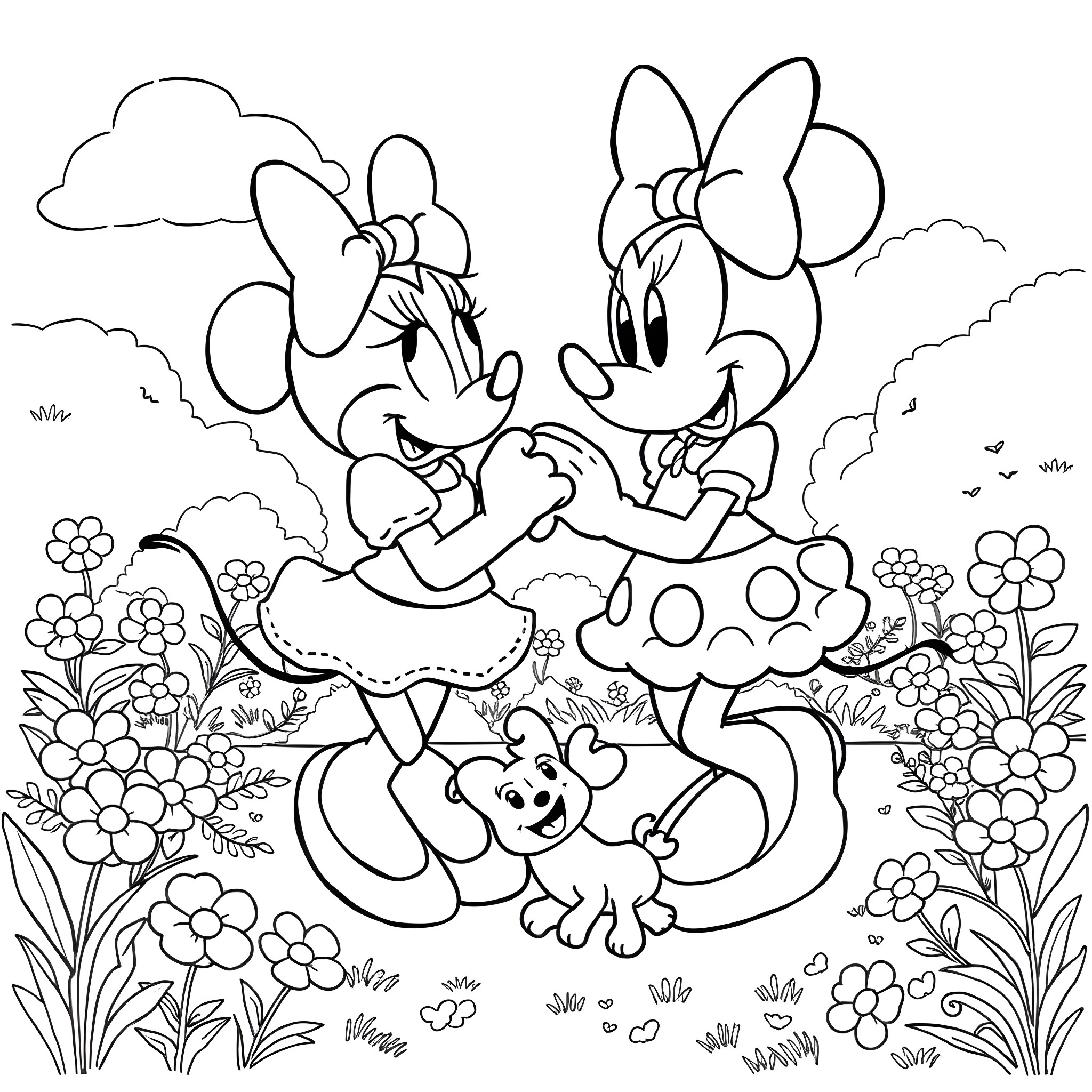 Minnie and her puppy friend playing in a floral garden Coloring Page (free black-and-white line drawing printable PDF for all, from beginners to advanced learners, including children, teens, adults, and seniors)