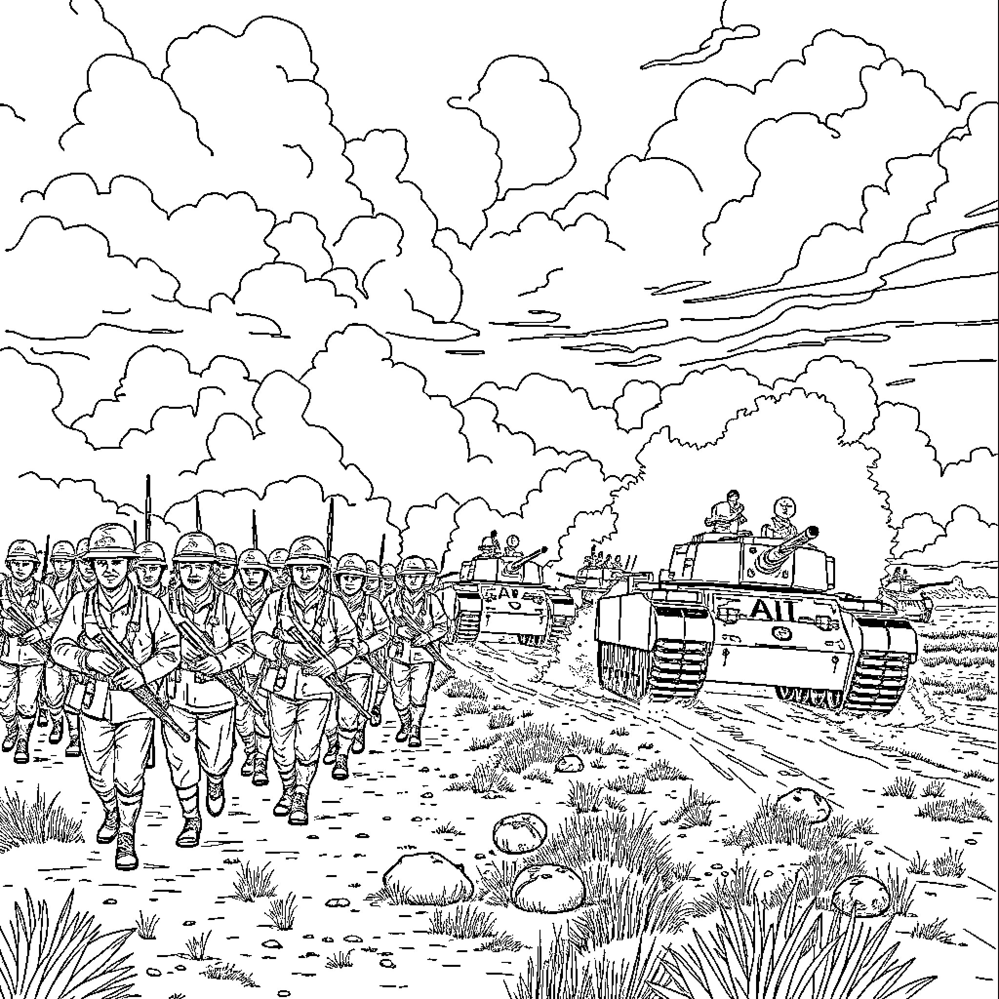 Military soldiers marching with tanks on the battlefield Coloring Page (free black-and-white line drawing printable PDF for all, from beginners to advanced learners, including children, teens, adults, and seniors)
