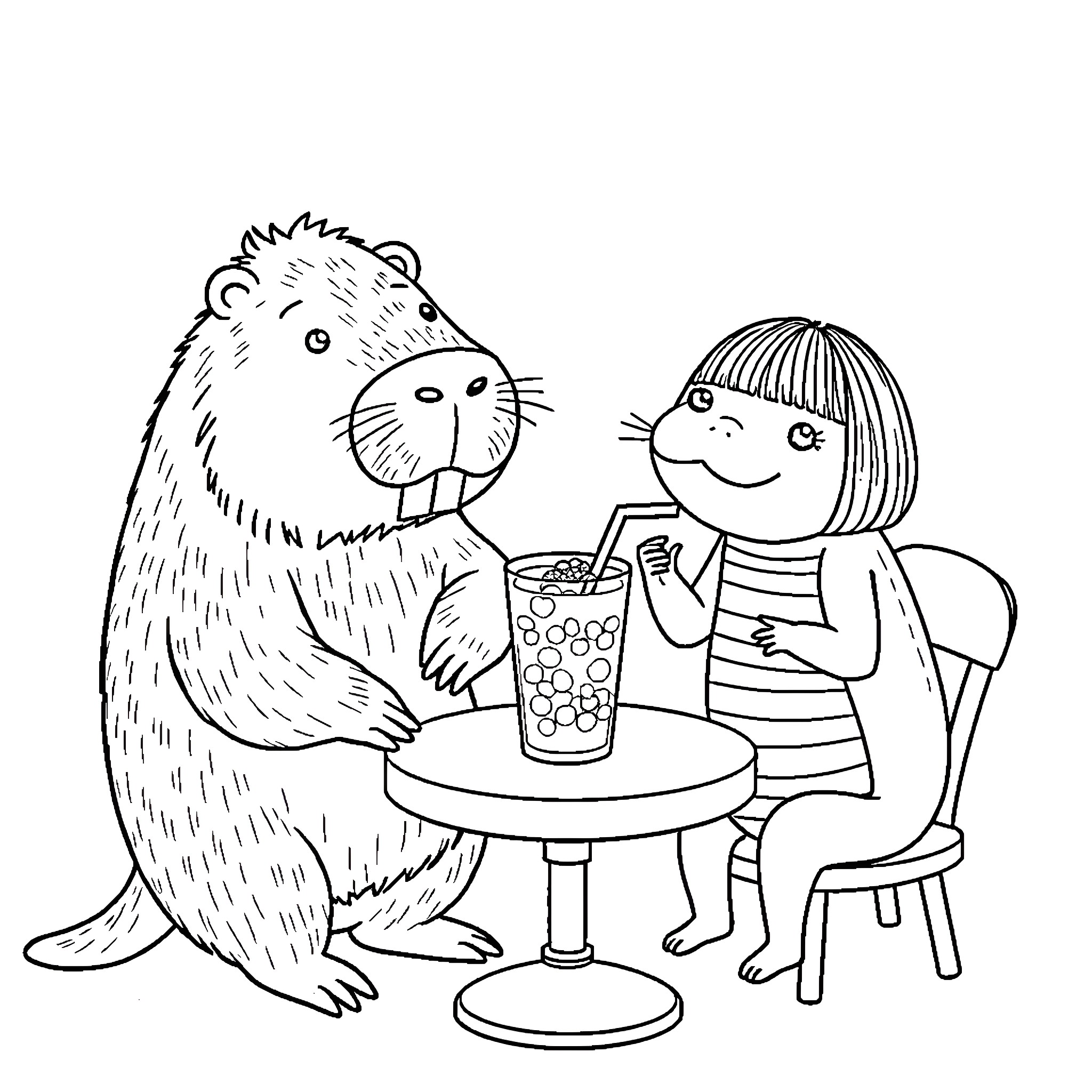 Capybara enjoying a drink with a girl Coloring Page (free black-and-white line drawing printable PDF for all, from beginners to advanced learners, including children, teens, adults, and seniors)