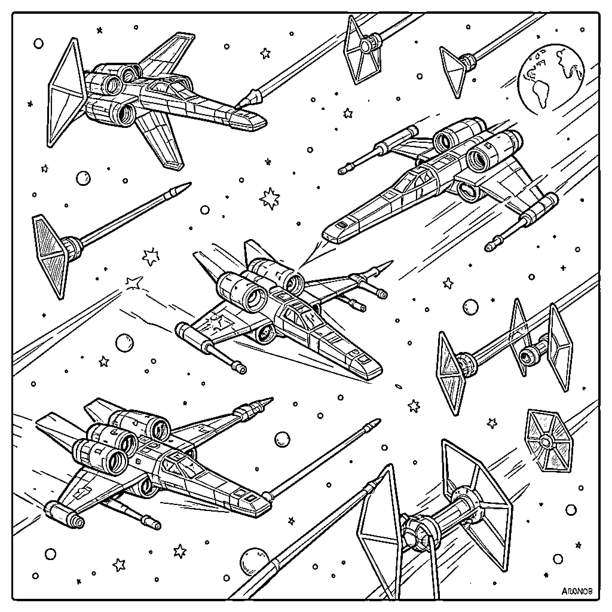 X-Wing starfighters engaged in a space battle Coloring Page (free black-and-white line drawing printable PDF for all, from beginners to advanced learners, including children, teens, adults, and seniors)