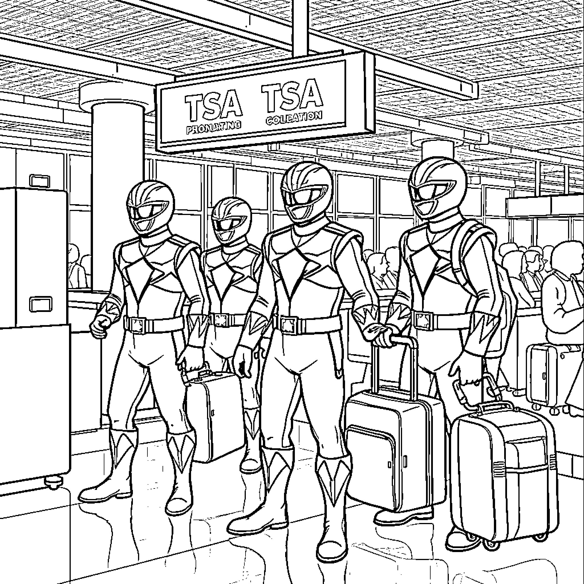 Power Rangers in Airport Security Checkpoint Coloring Page (free black-and-white line drawing printable PDF for all, from beginners to advanced learners, including children, teens, adults, and seniors)