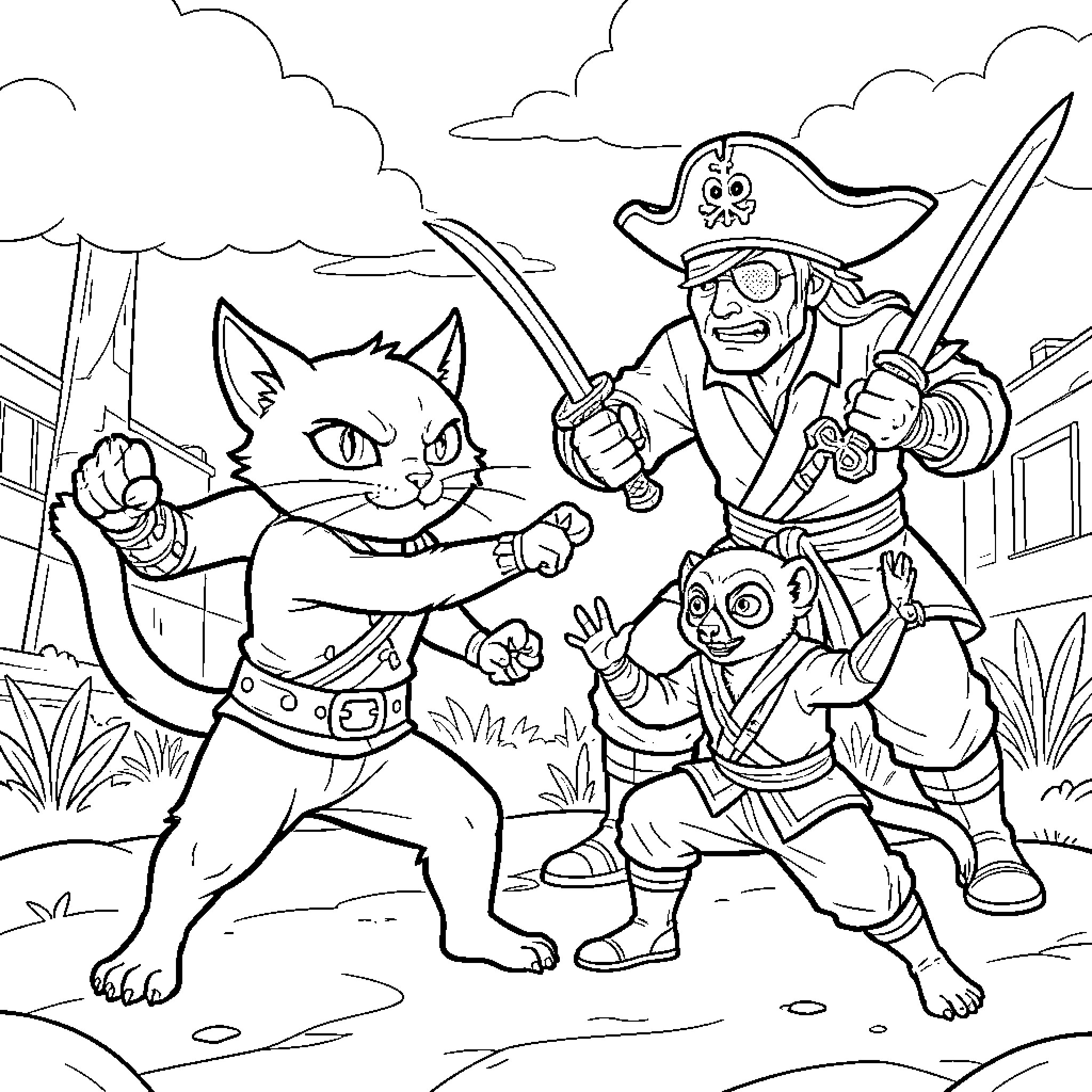 Gato and the Pirate Crew in Action Coloring Page (free black-and-white line drawing printable PDF for all, from beginners to advanced learners, including children, teens, adults, and seniors)