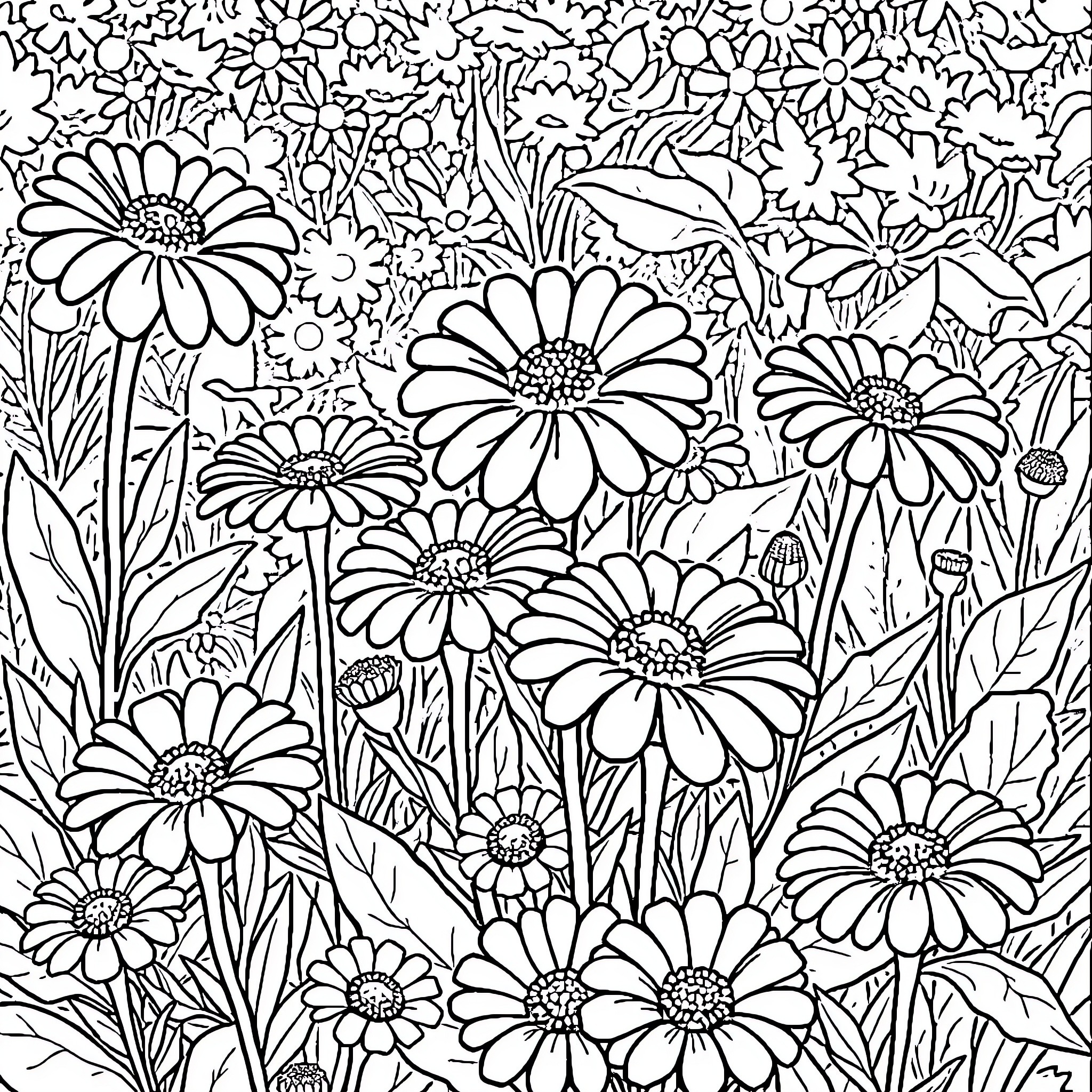 Zinnia flowers blooming in a lush garden Coloring Page (free black-and-white line drawing printable PDF for all, from beginners to advanced learners, including children, teens, adults, and seniors)